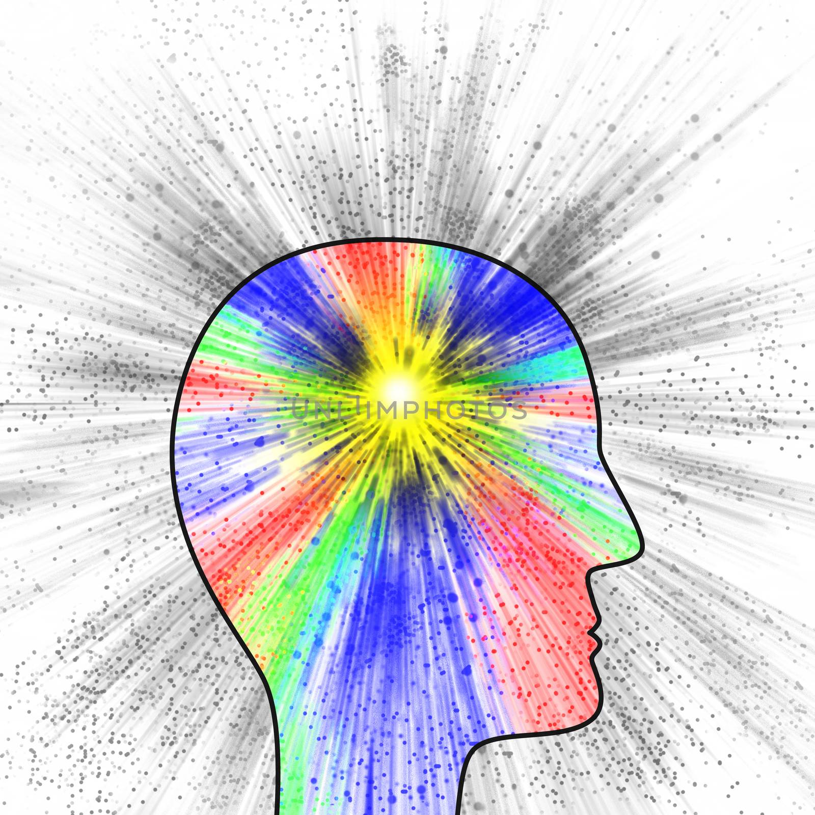 Colorful explosion of thought or pain as suggested by the head profile