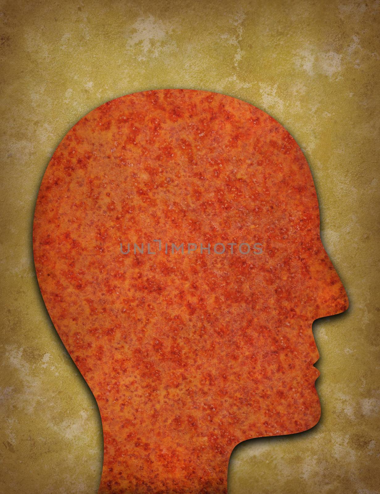 Rusty head profile silhouette against yellowed distressed background