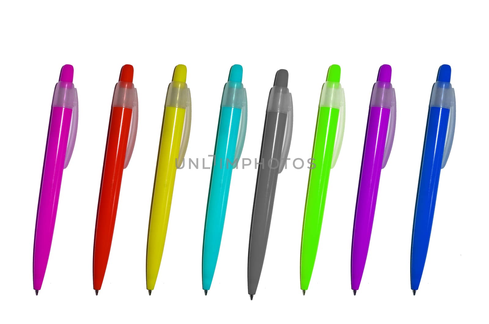 Colourful pens and pencils in a blue glass isolated on a white background by siiixth