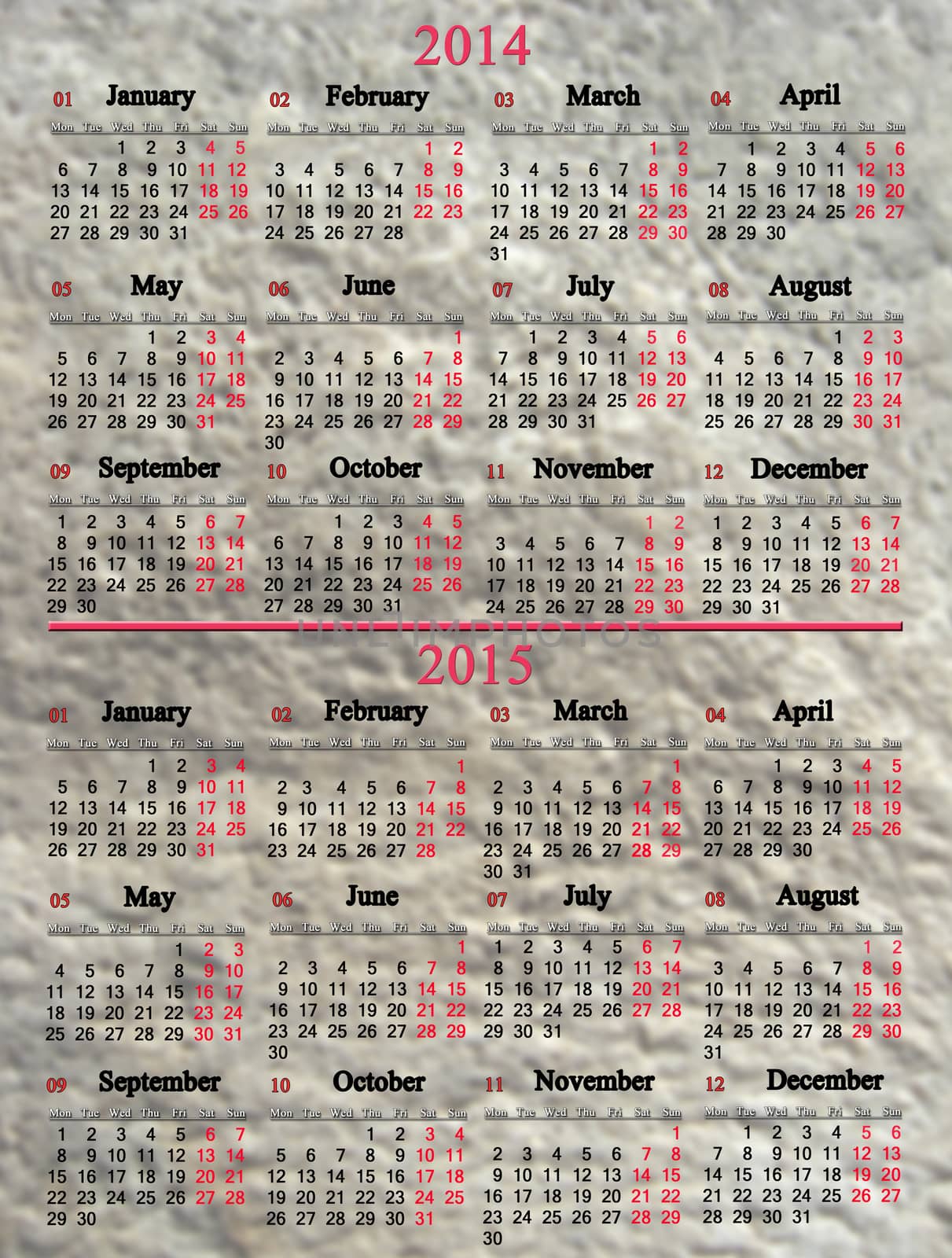 usual office calendar for 2014 - 2015 years on stony background