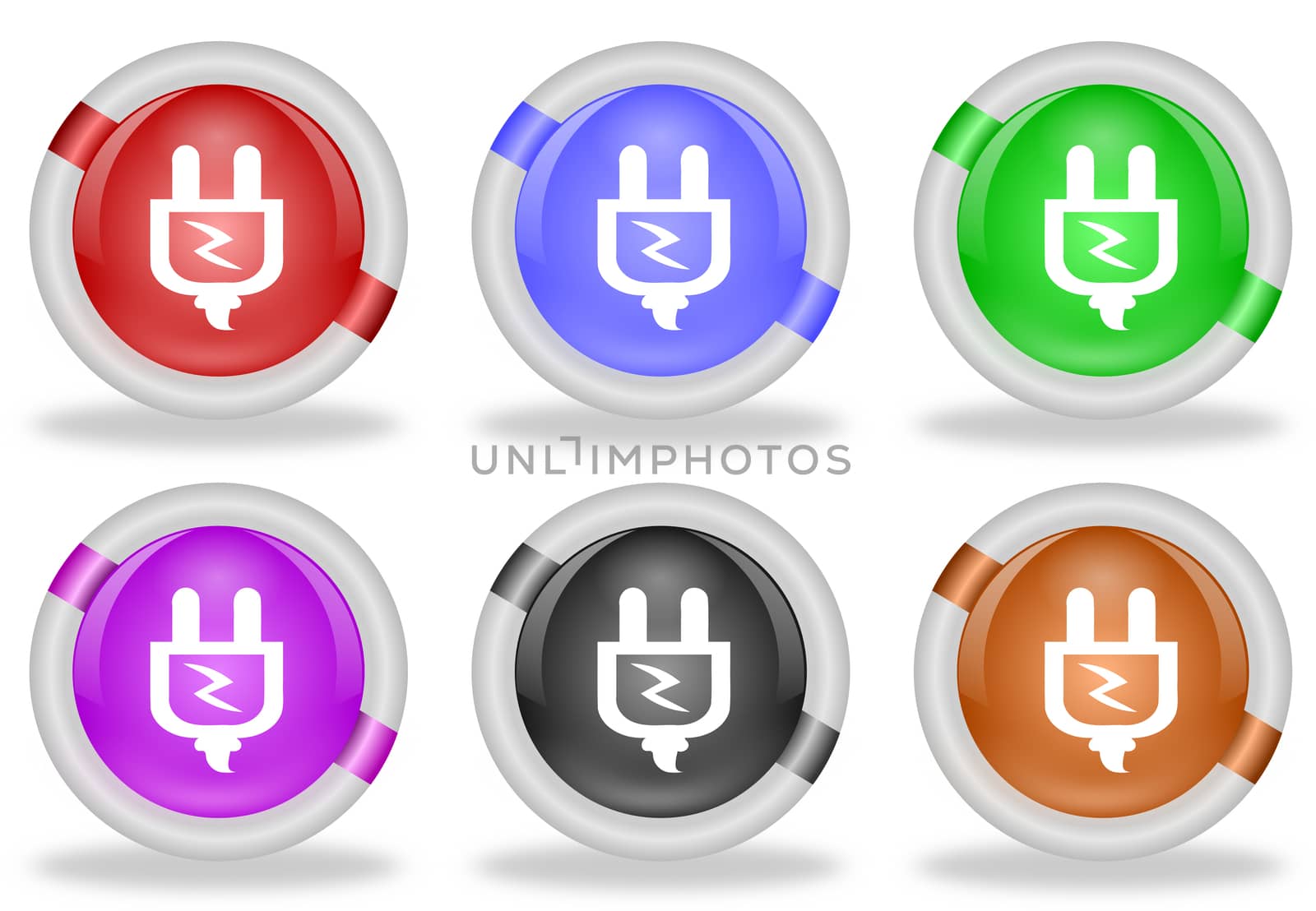 Set of electric power plug web icon buttons with beveled white rims in six pastel colors - red, blue, green, pink, black and brown
