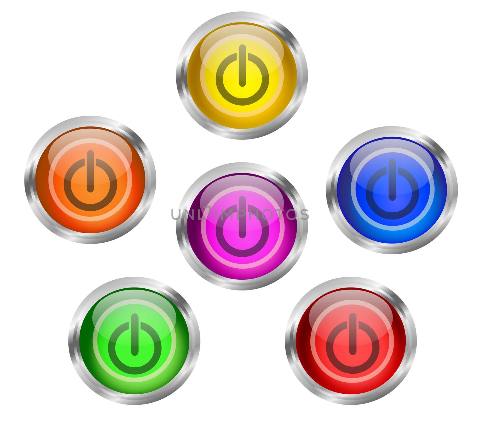 Set of shiny power round web icon buttons in six different colors - yellow, orange, red, green, pink blue, with silver or chrome metallic rim.
