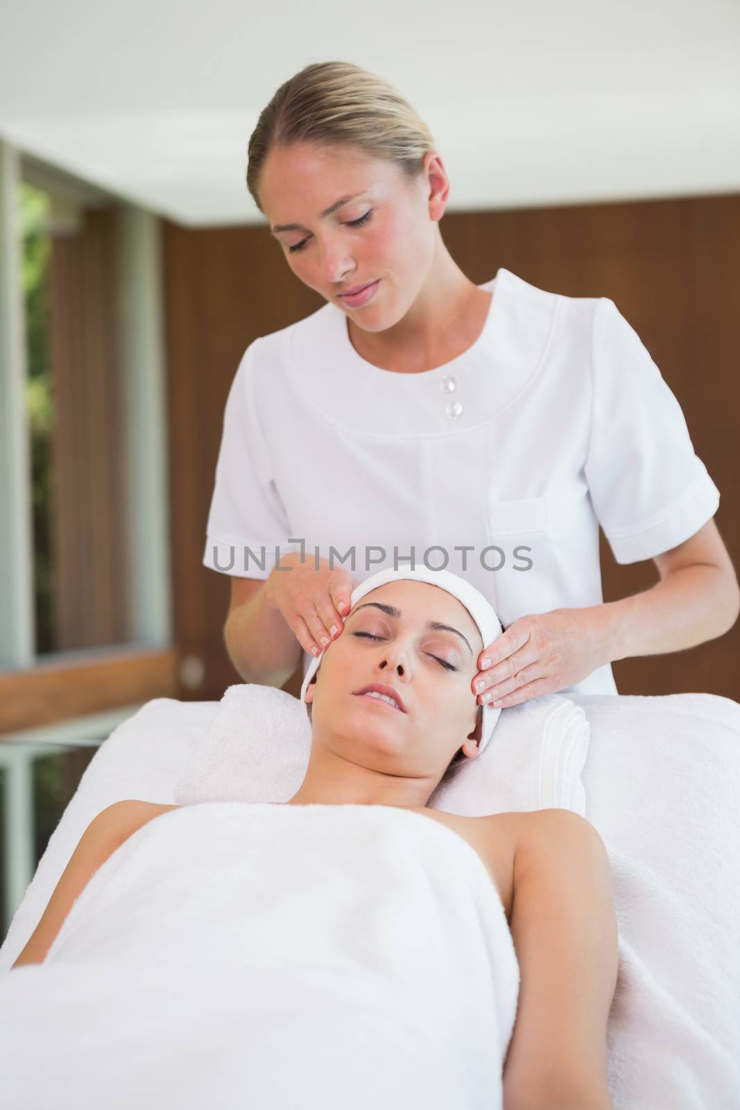 Peaceful brunette getting facial massage from beauty therapist in the health spa