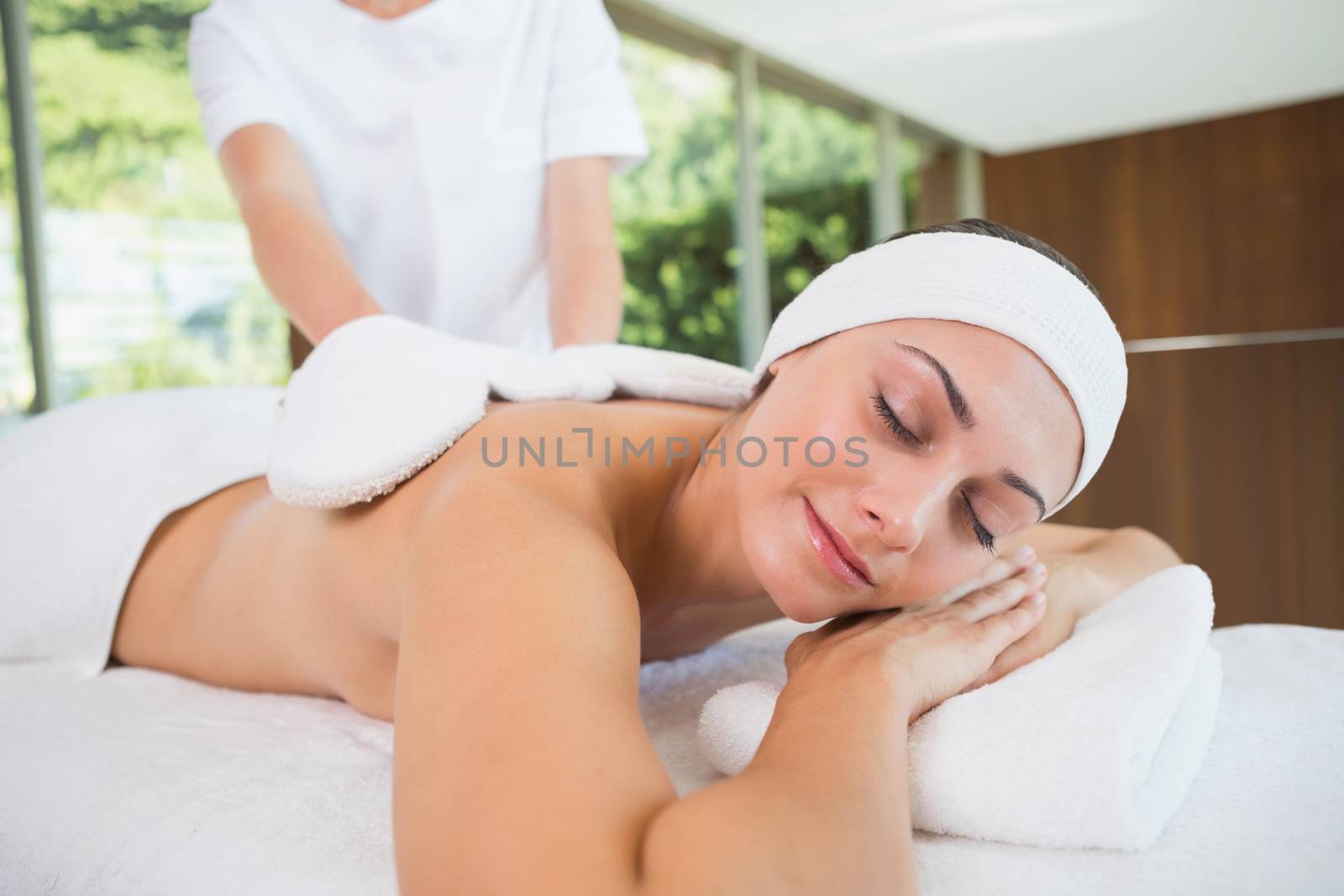 Beauty therapist rubbing smiling womans back with heated mitts by Wavebreakmedia