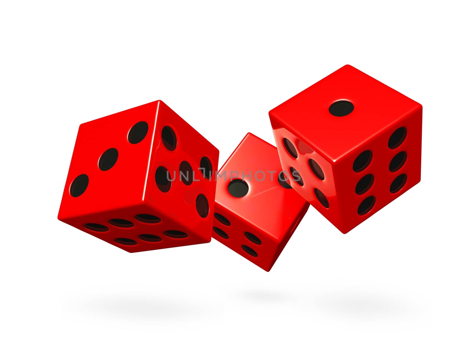 Three shiny red game dice rolling or falling down. This 3d render will find use in gaming, casino, gambling and fate concepts.
