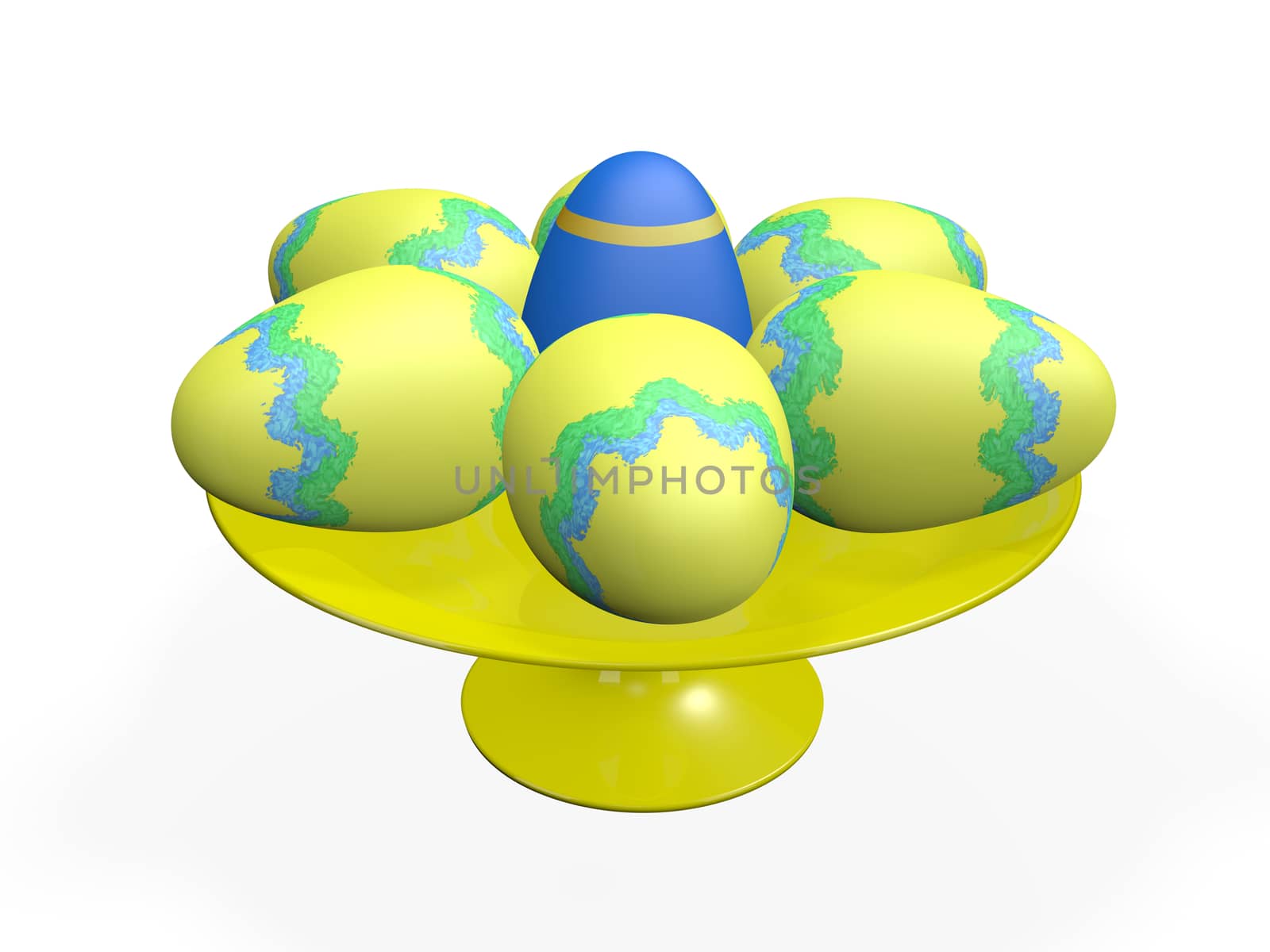 Painted Easter Sunday eggs on a yellow display platter
