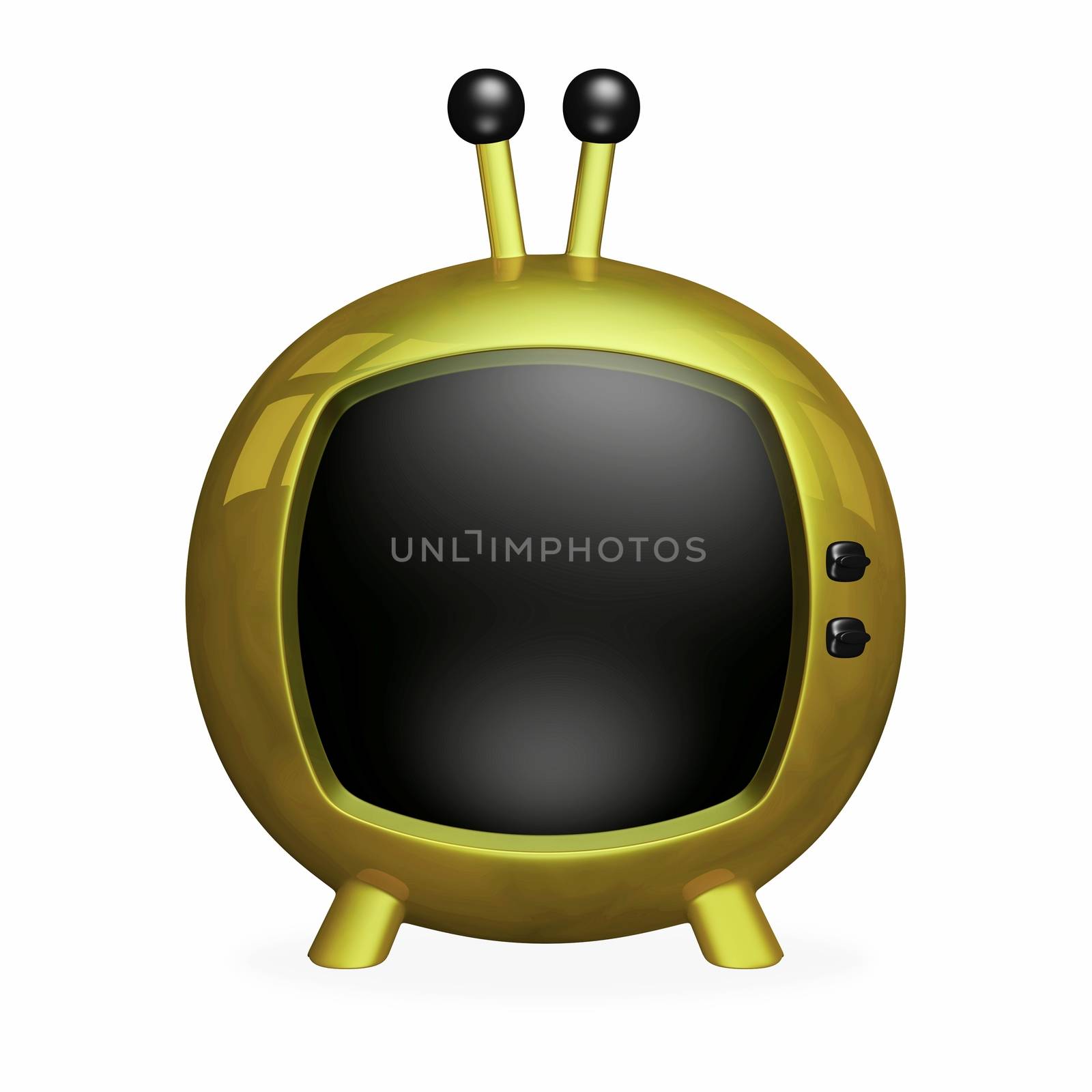 Cartoon 3D retro style TV, made of gold, with a blank black screen. Can be used for displaying broadcasts, special offers, announcements. Also suitable for media, entertainment or information distribution concepts
