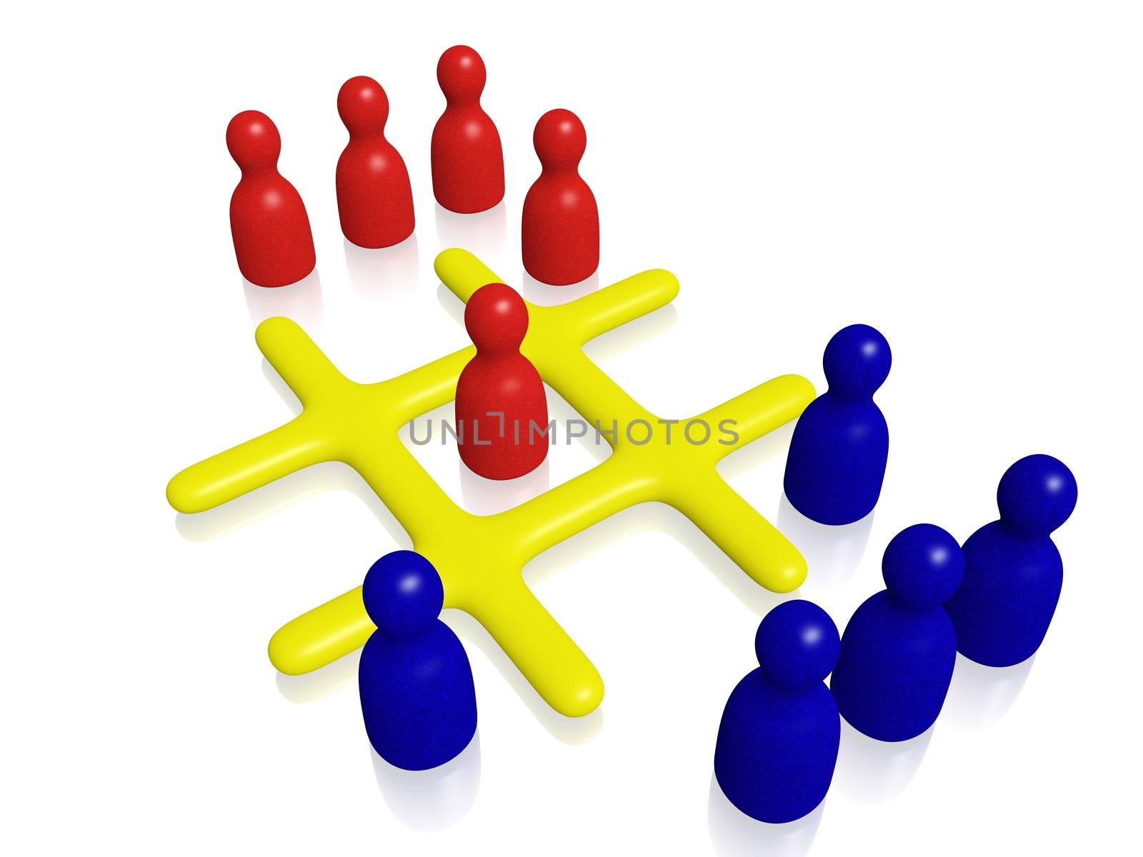 Tic Tac Toe game with 3d pawns. This noughts and crosses illustration Can be used for business strategy, planning, decision making and winning concepts.
