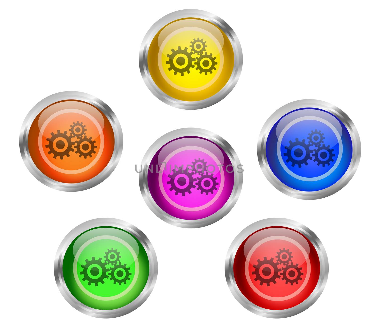 Set of shiny mechanical gears round web icon buttons in six different colors - yellow, orange, red, green, pink blue, with silver or chrome metallic rim.
