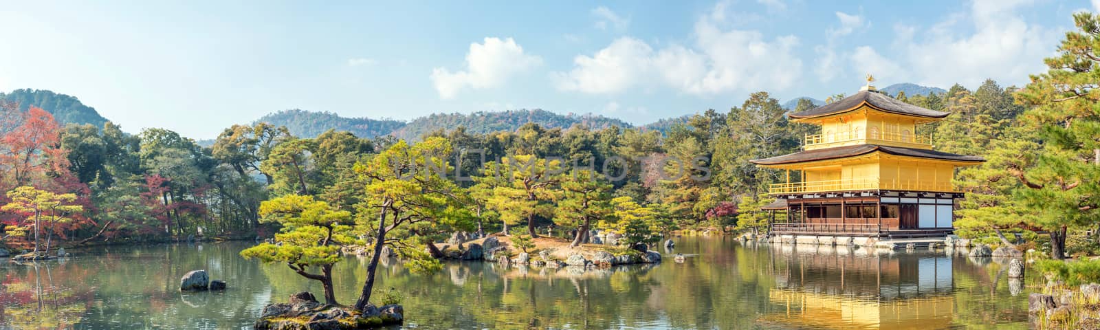 Panorama of Golden Pavilion Kinkakuji Temple in Kyoto Japan