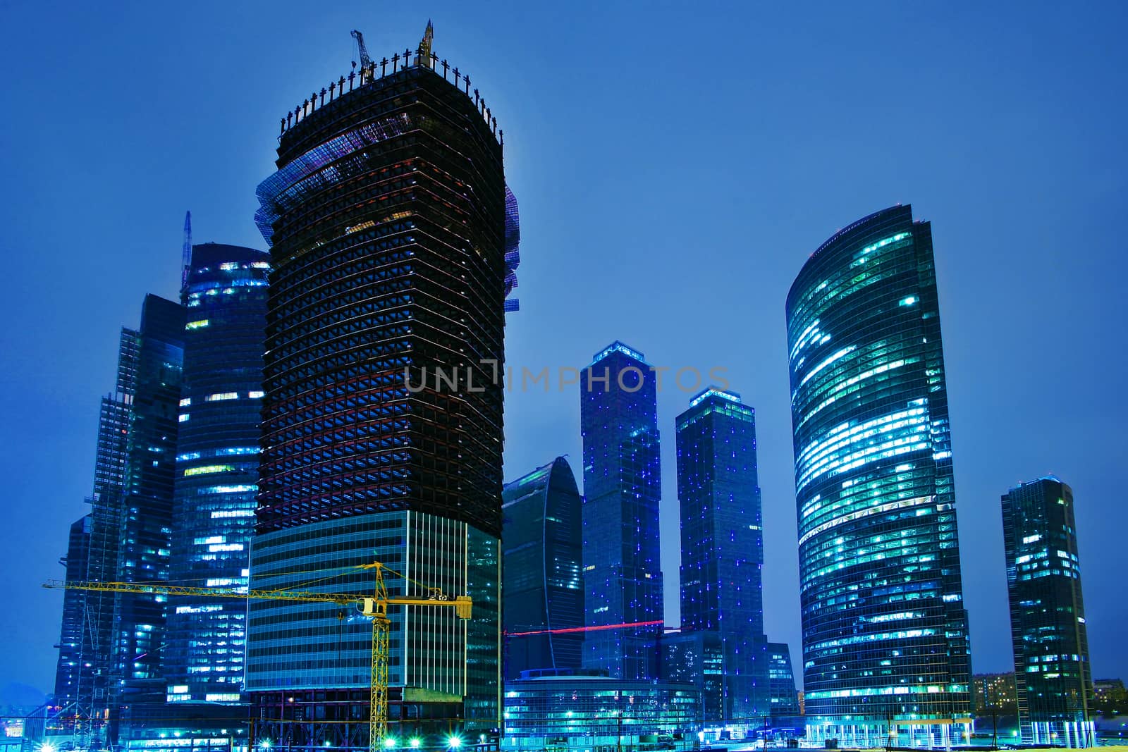 New under construction Moscow business the centre at night in the winter