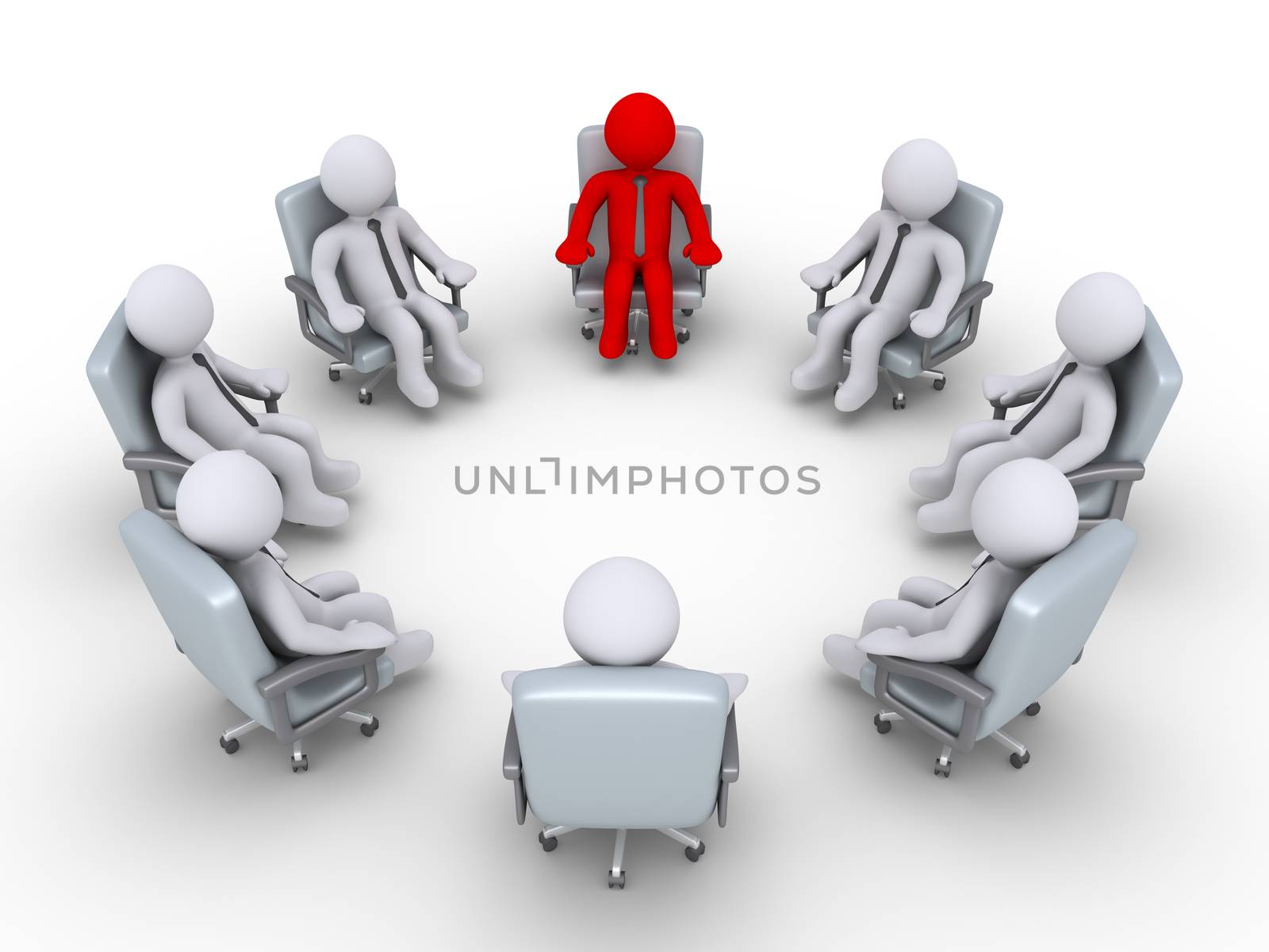 3d businessmen are sitting in a circle but one is different