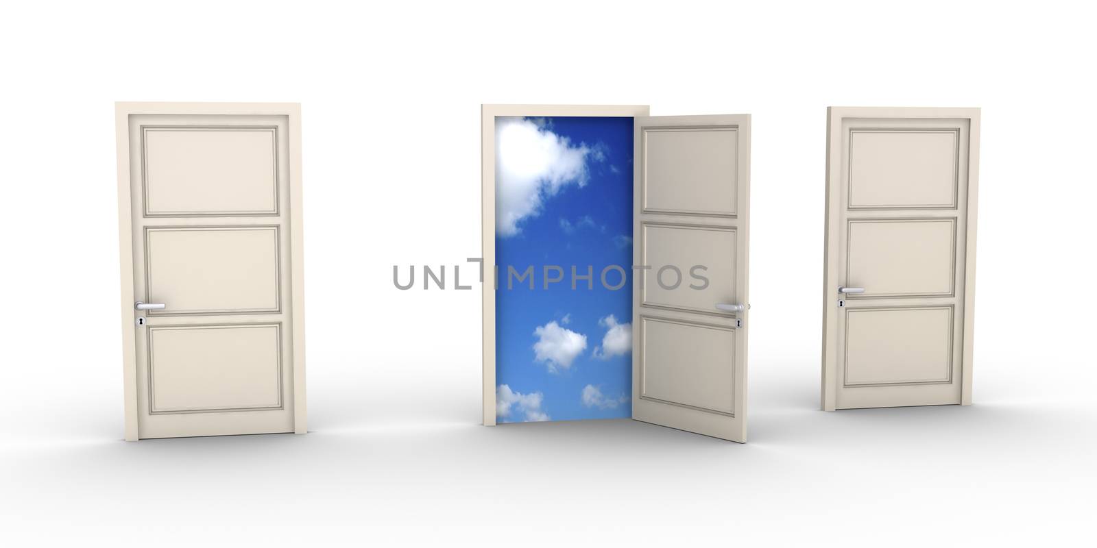 Three doors but one is opened and the blue sky appears