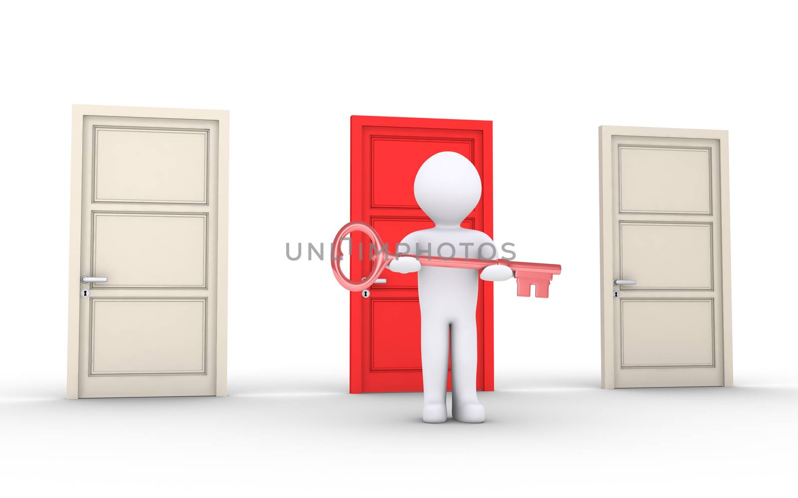 3d person holding key is in front of doors and one is of different color
