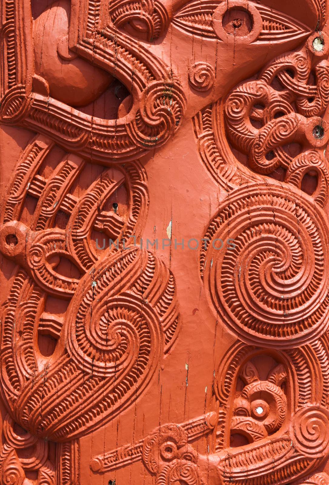 Detail of an old beautiful maori carving, Rotorua, New Zealand