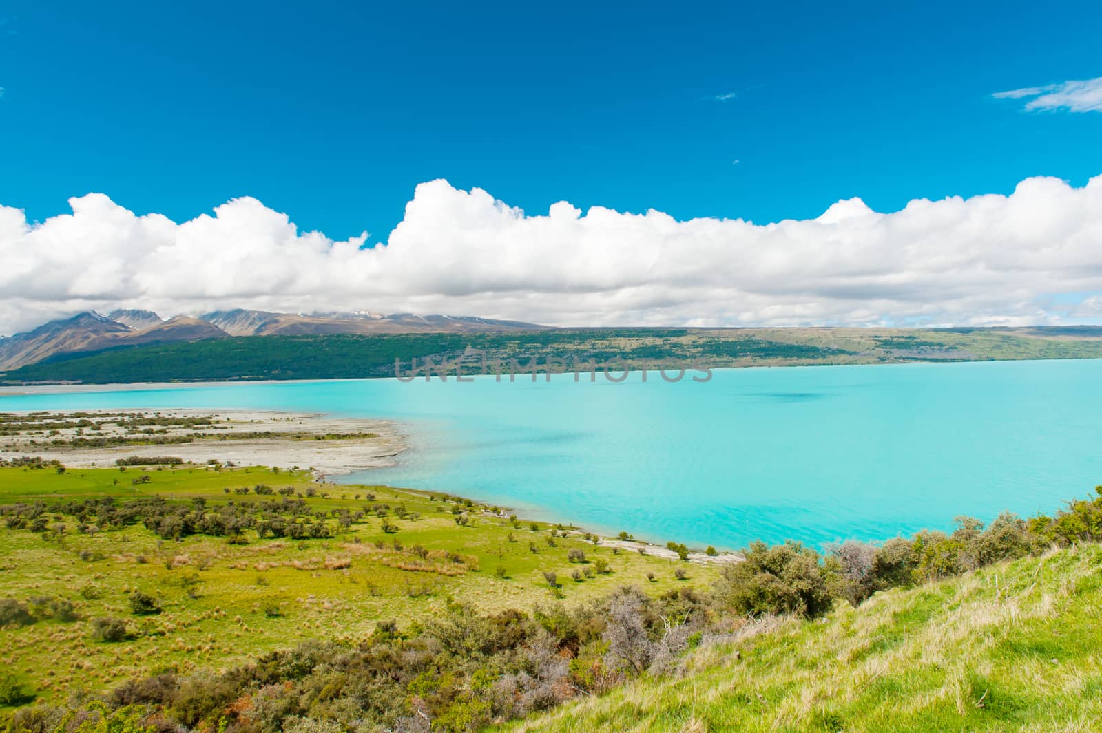 Beautiful incredibly blue lake Pukaki at New Zealand