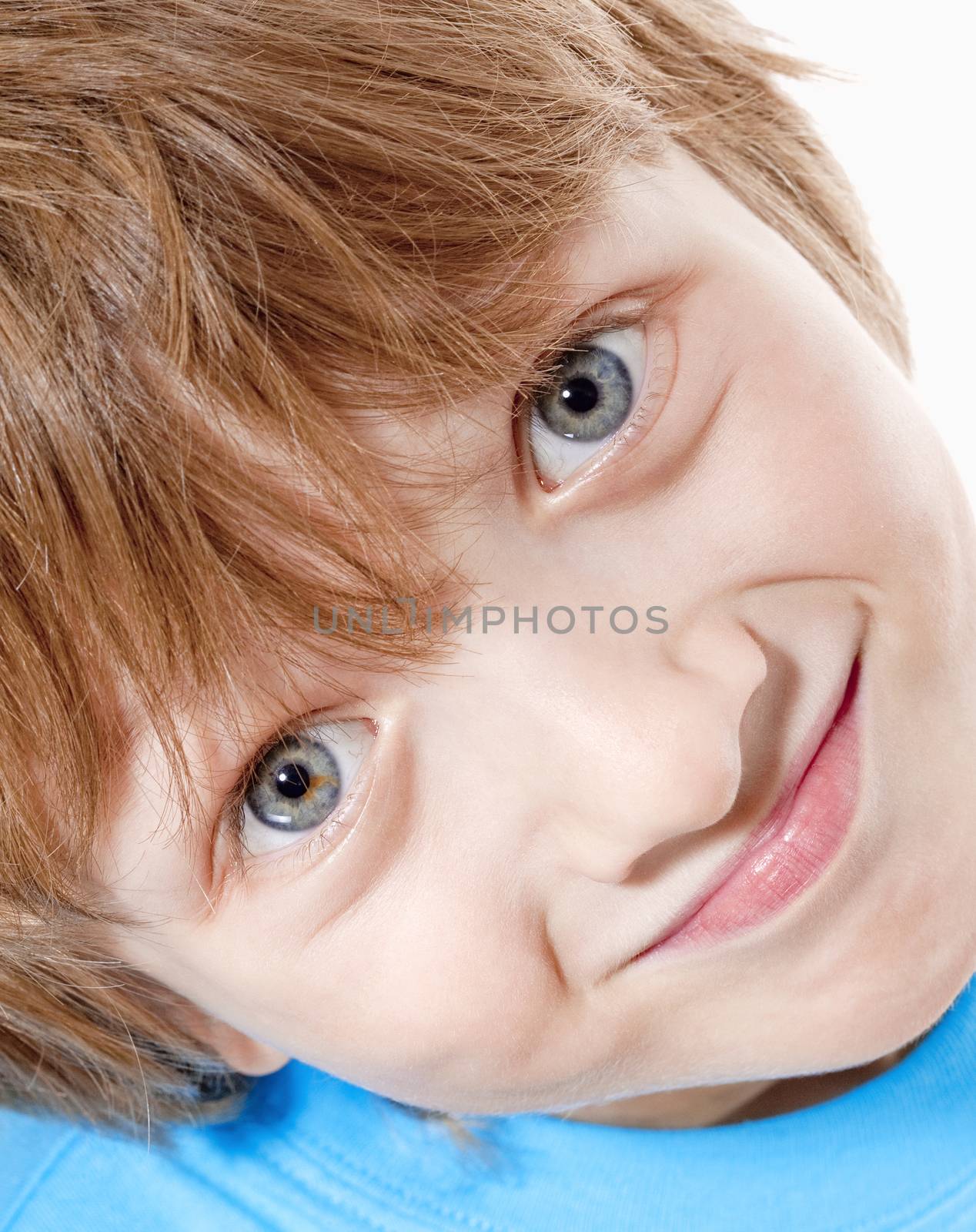 Portrait of a Boy with Blond Hair Looking - Isolated on White