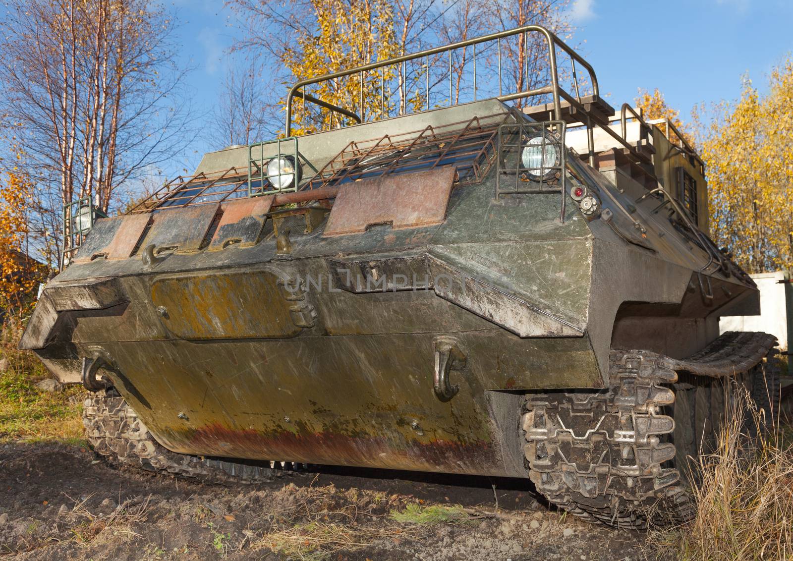 The tracked vehicle for transportation of soldiers in the real world 