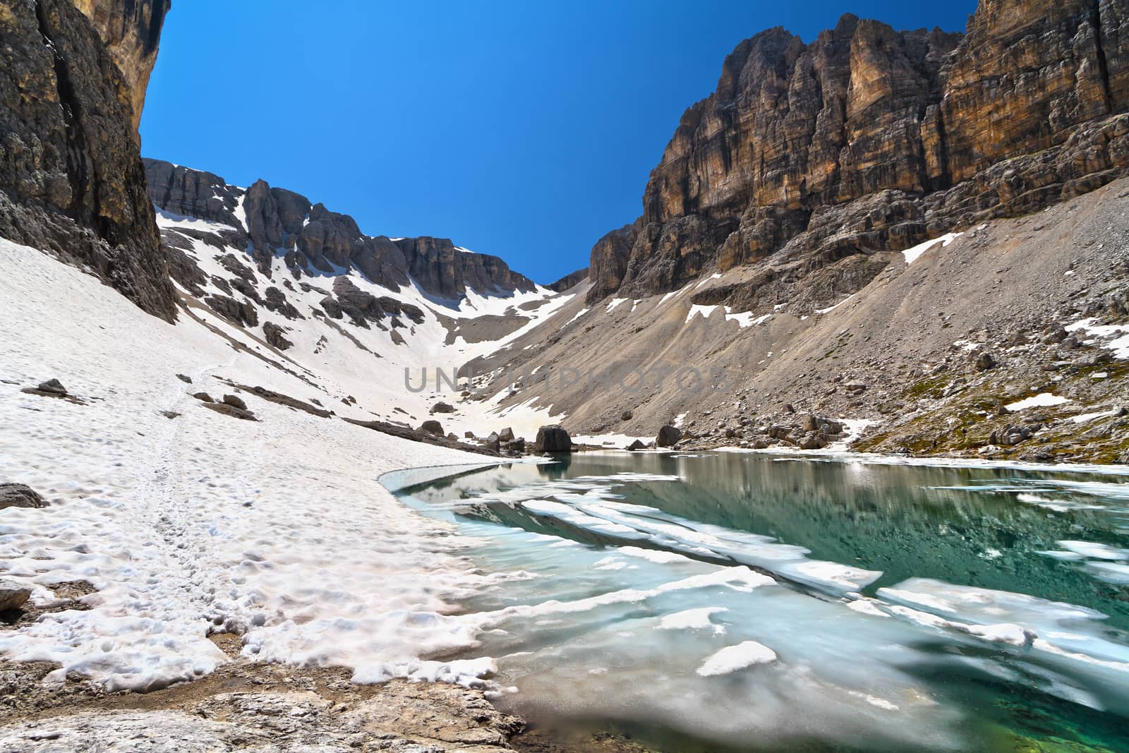 summer view of  Pisciadu lake and Tita valley in Sella mountain, sudtirol, Italy