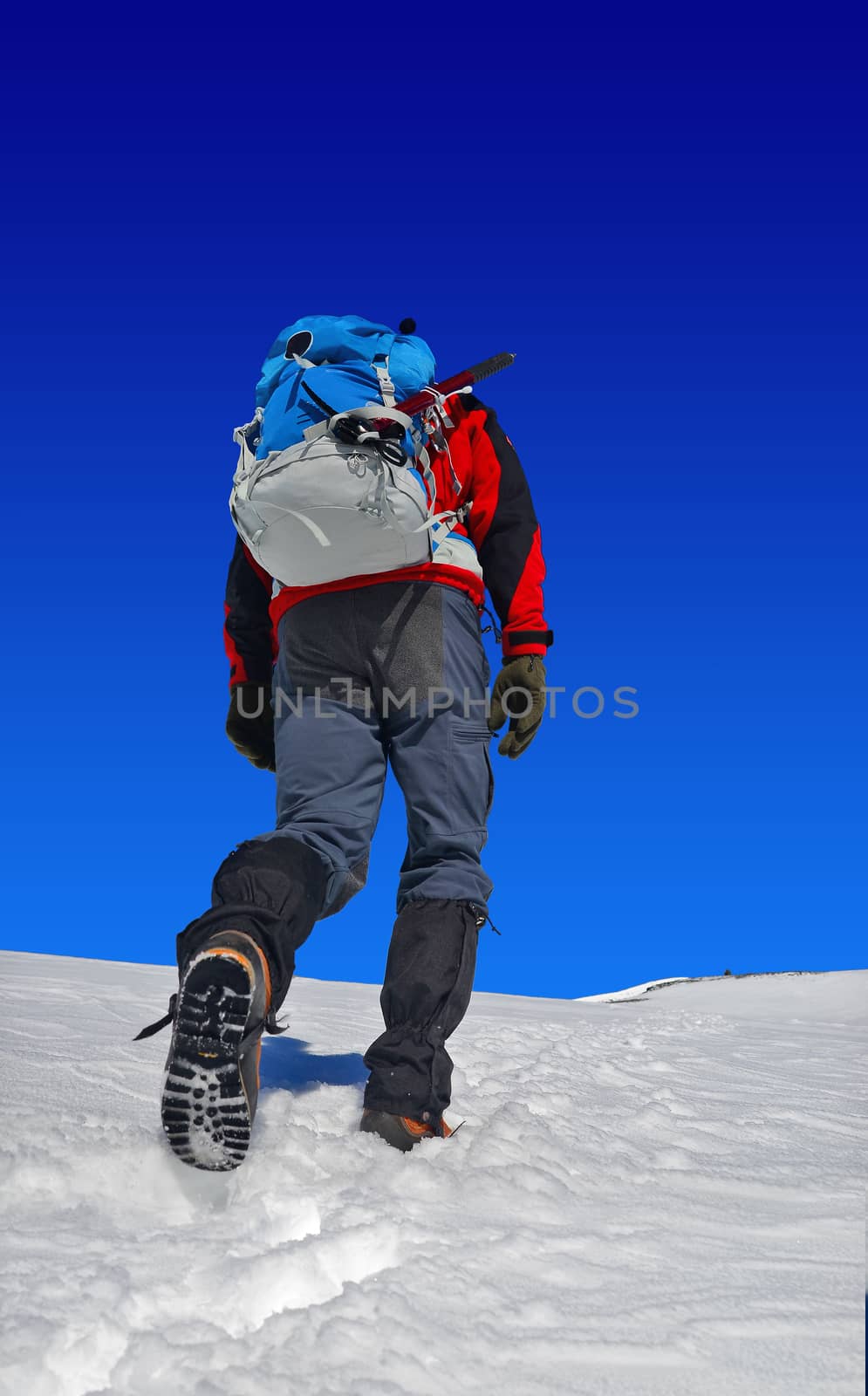trekker with a backpack on snow by studio023