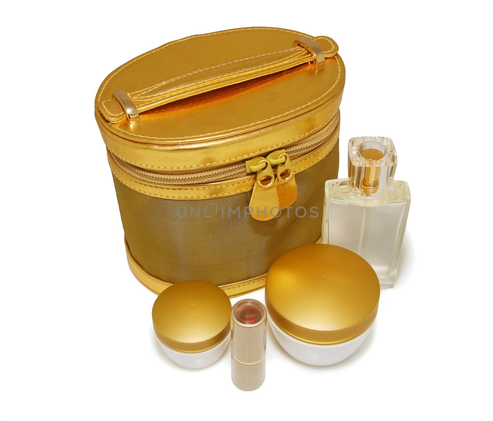 Lipstick, cream, cologne, bag on  white background