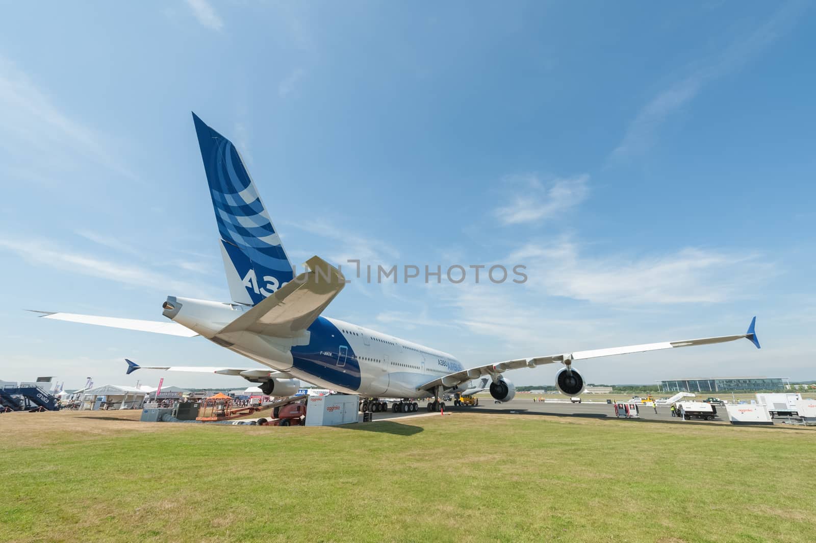 Farnborough, UK - July 18, 2014: Double-decker Airbus A380 jet airliner on static display at the Farnborough airshow, UK
