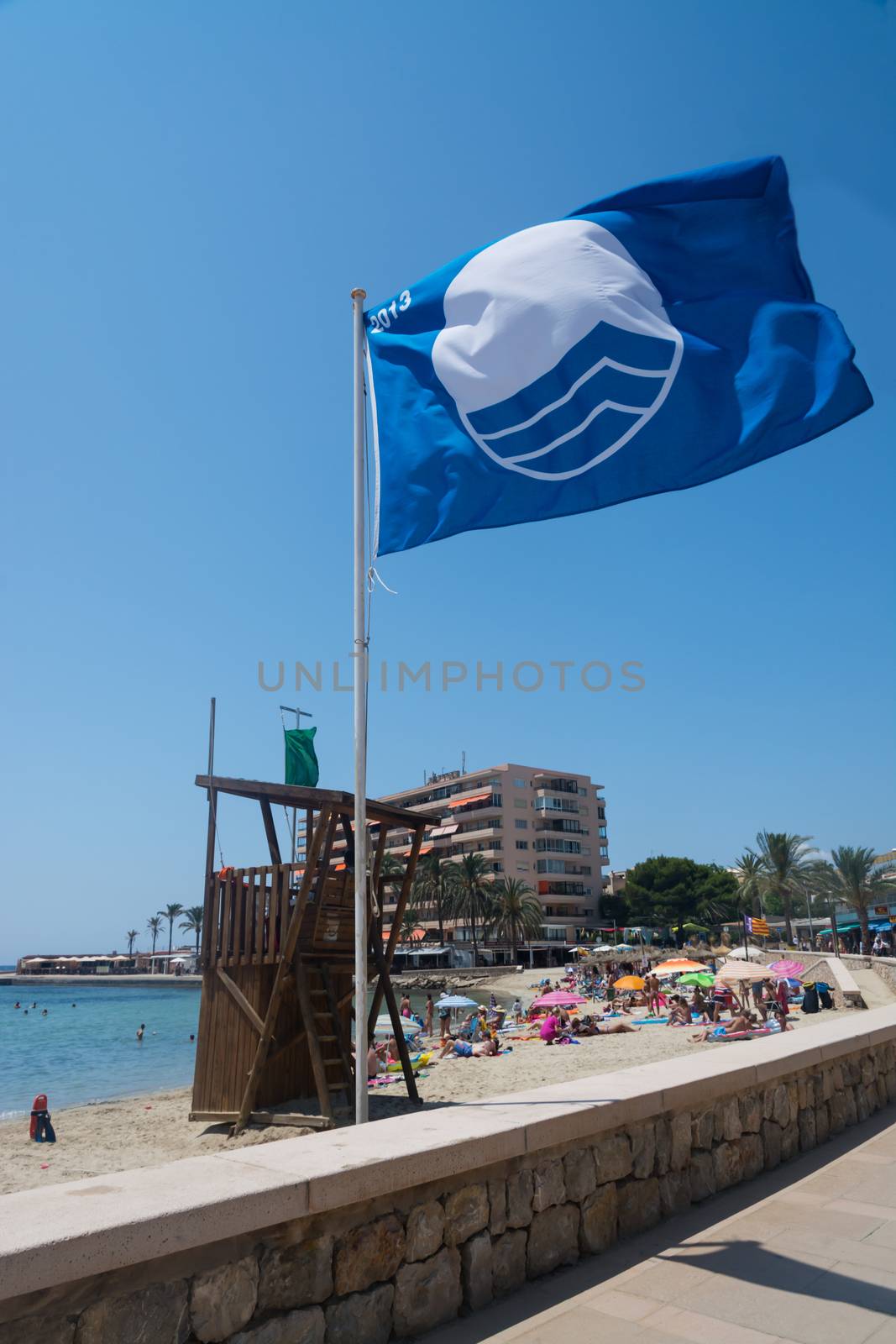 Blue flag on beach by ArtesiaWells