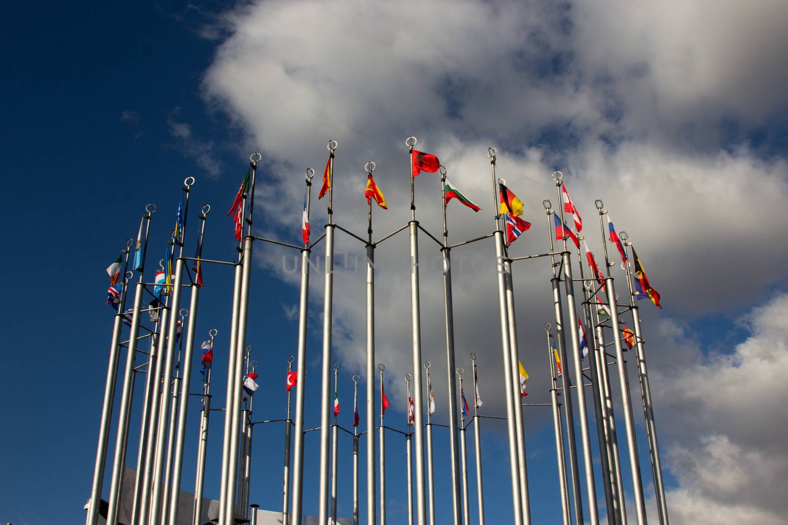 Group og Europeans flag outdoors, on sky background