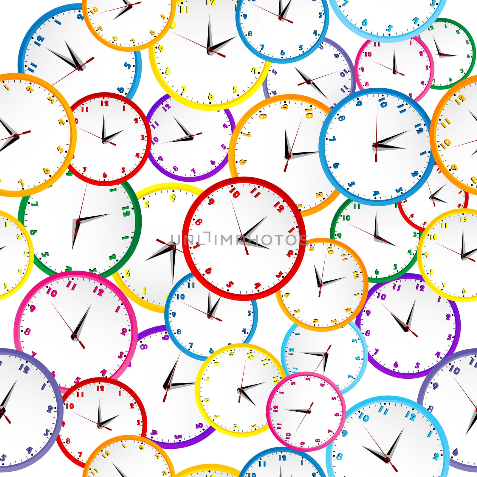 Seamless pattern with colorful clocks