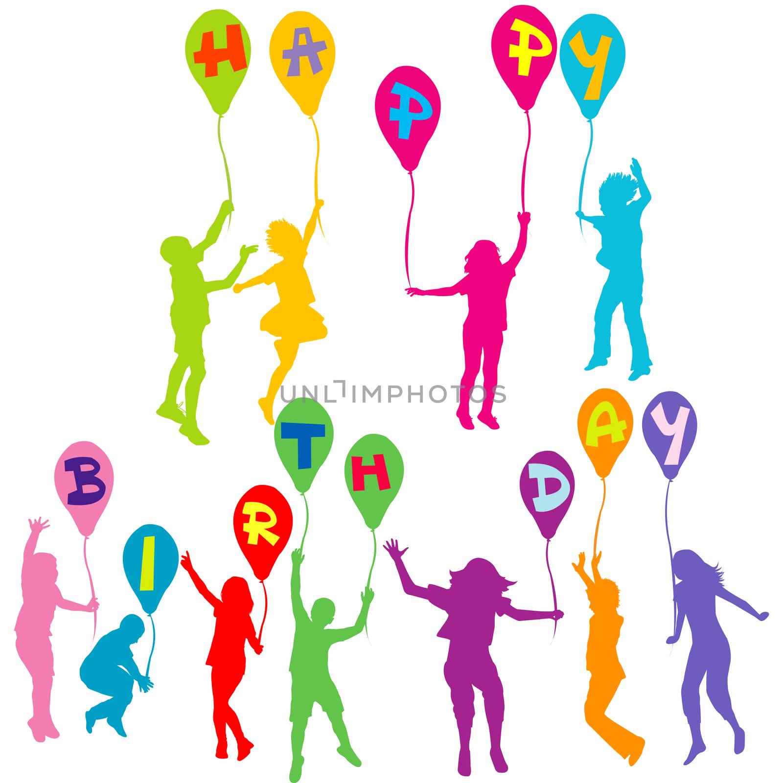 Happy birthday message with children silhouettes holding balloon by hibrida13