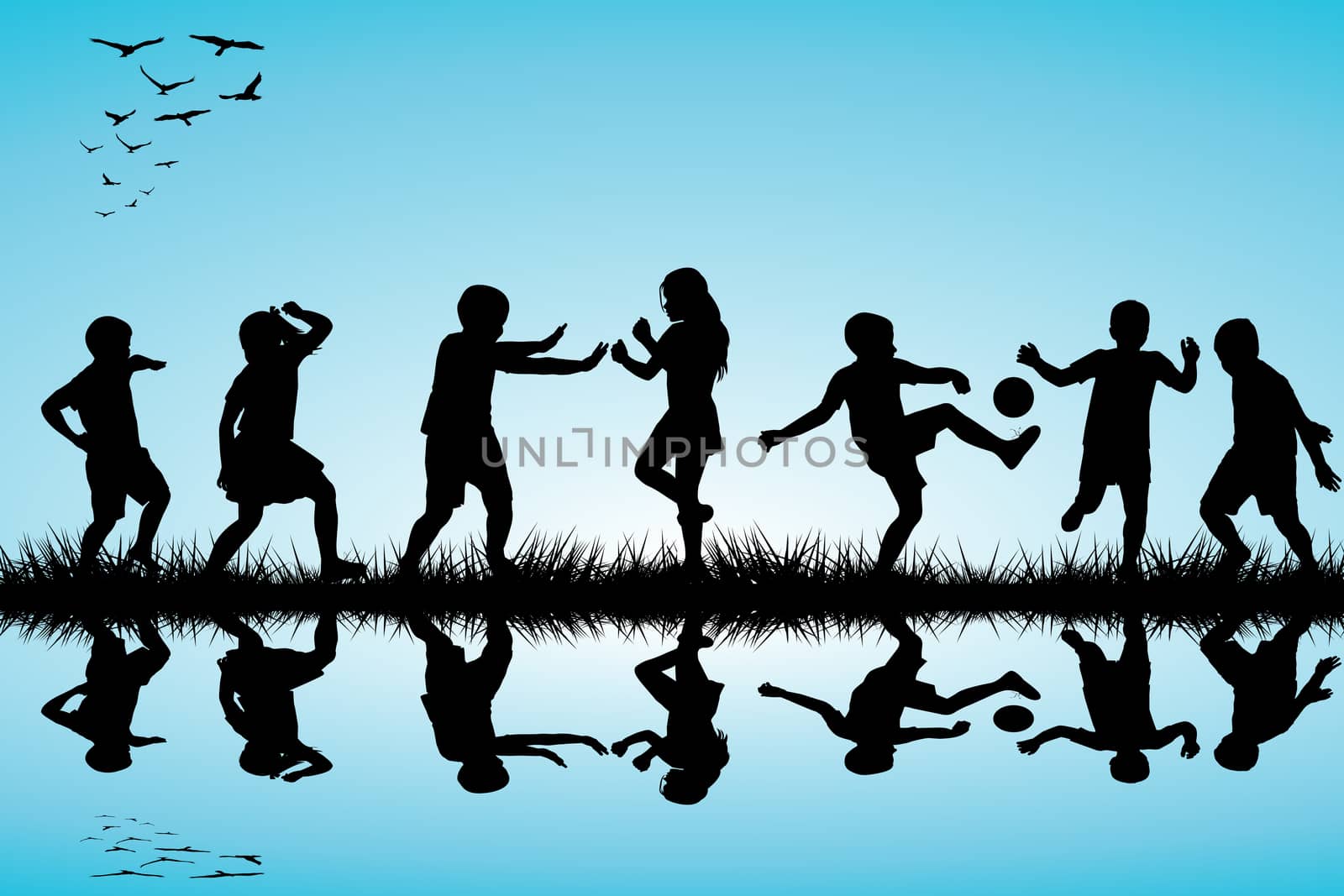 Group of children silhouettes playing outdoor near a lake by hibrida13