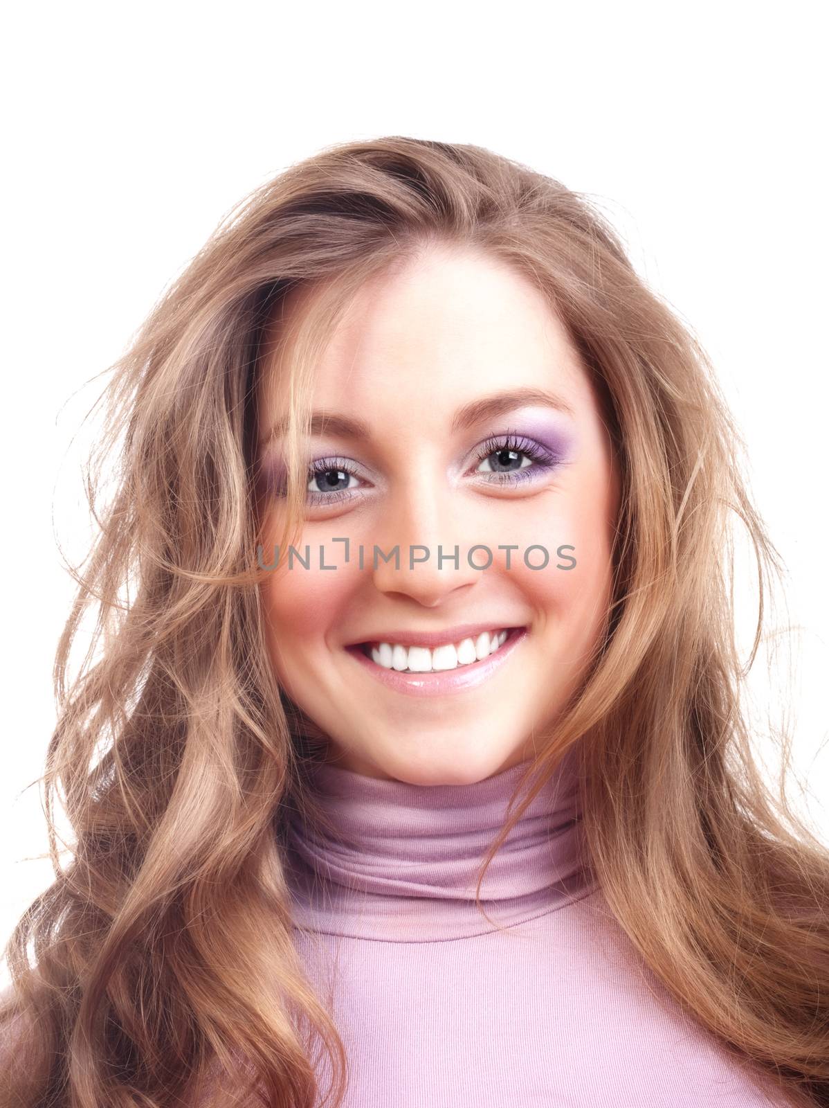 portrait of a young beautiful woman with brown hair - isolated on white