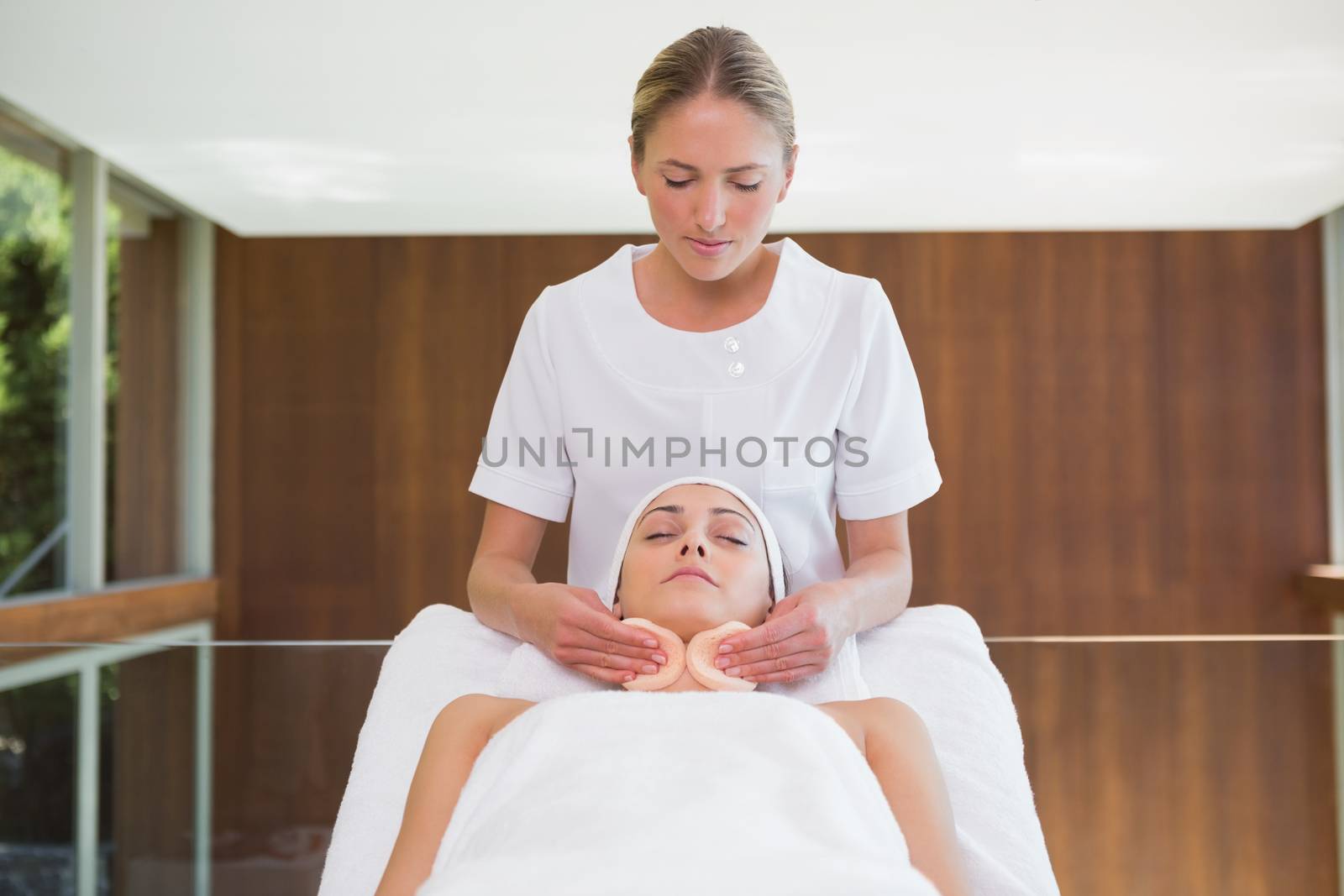 Peaceful brunette getting facial from beauty therapist in the health spa