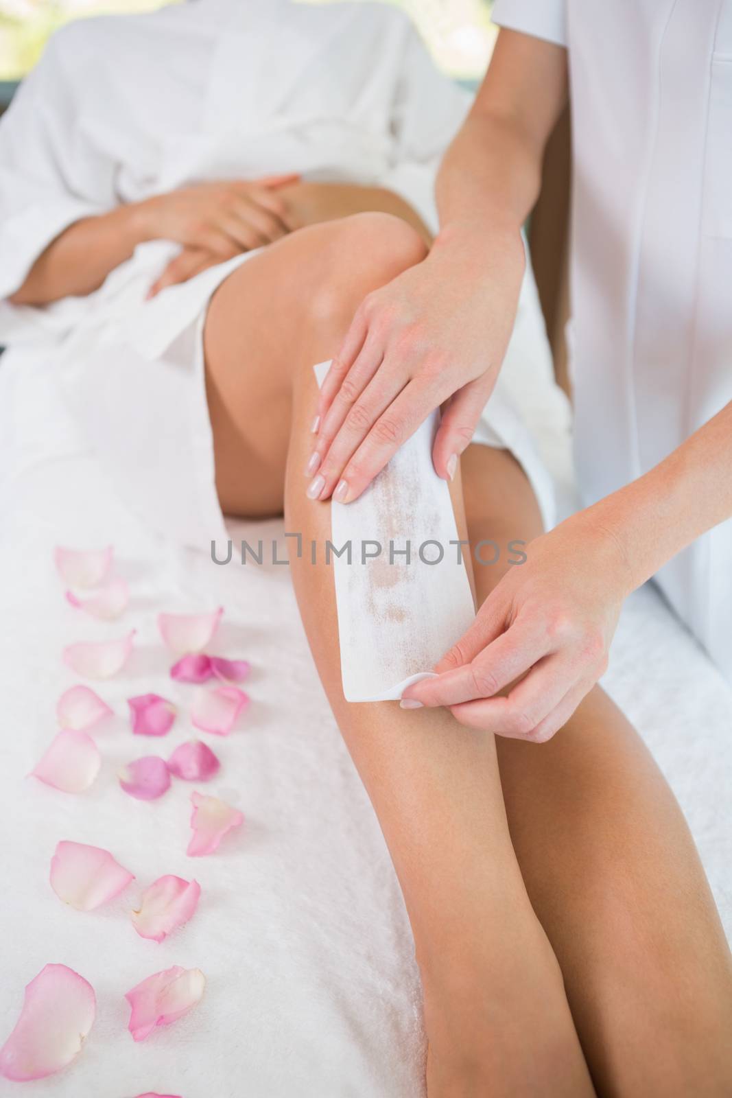 Woman getting her legs waxed by beauty therapist in the health spa