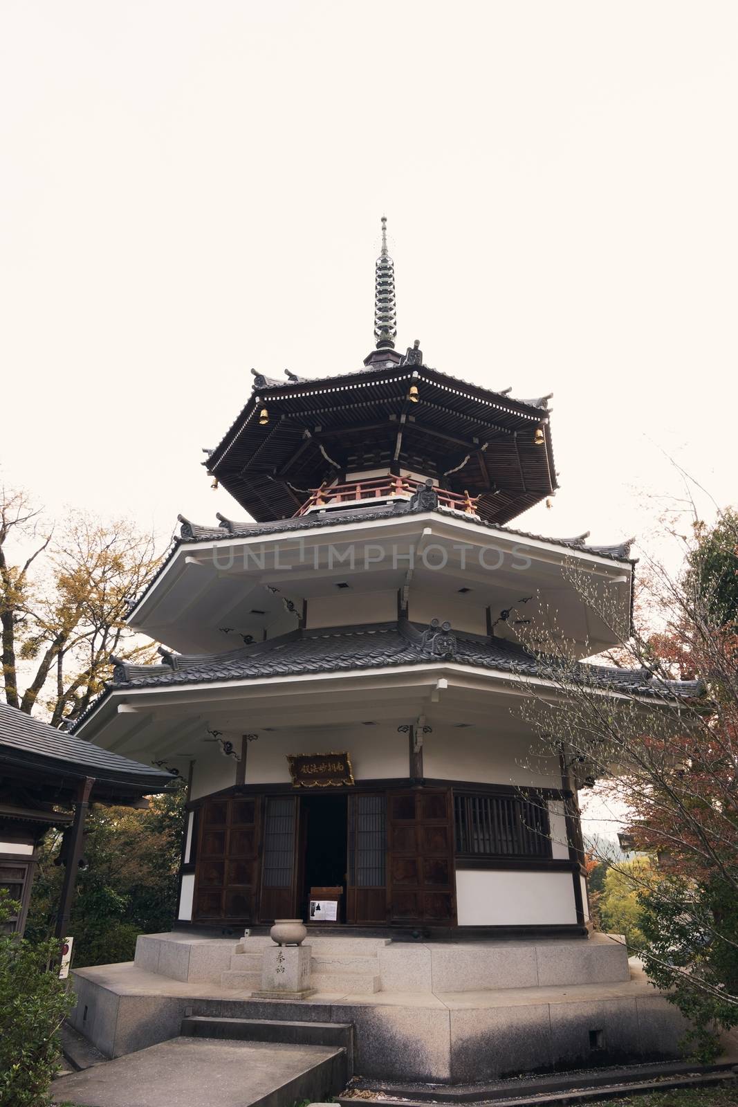 Myoho Temple with octagonal building and triple tower.