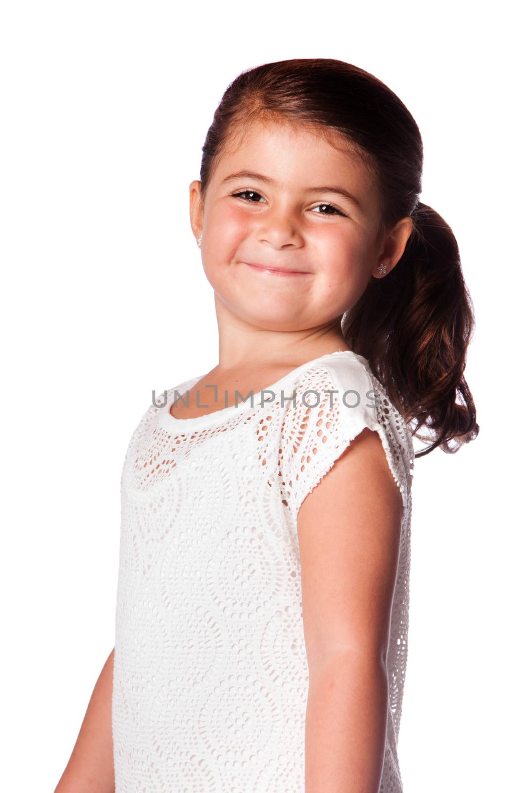 Beautiful happy smiling young girl with ponytail, isolated.