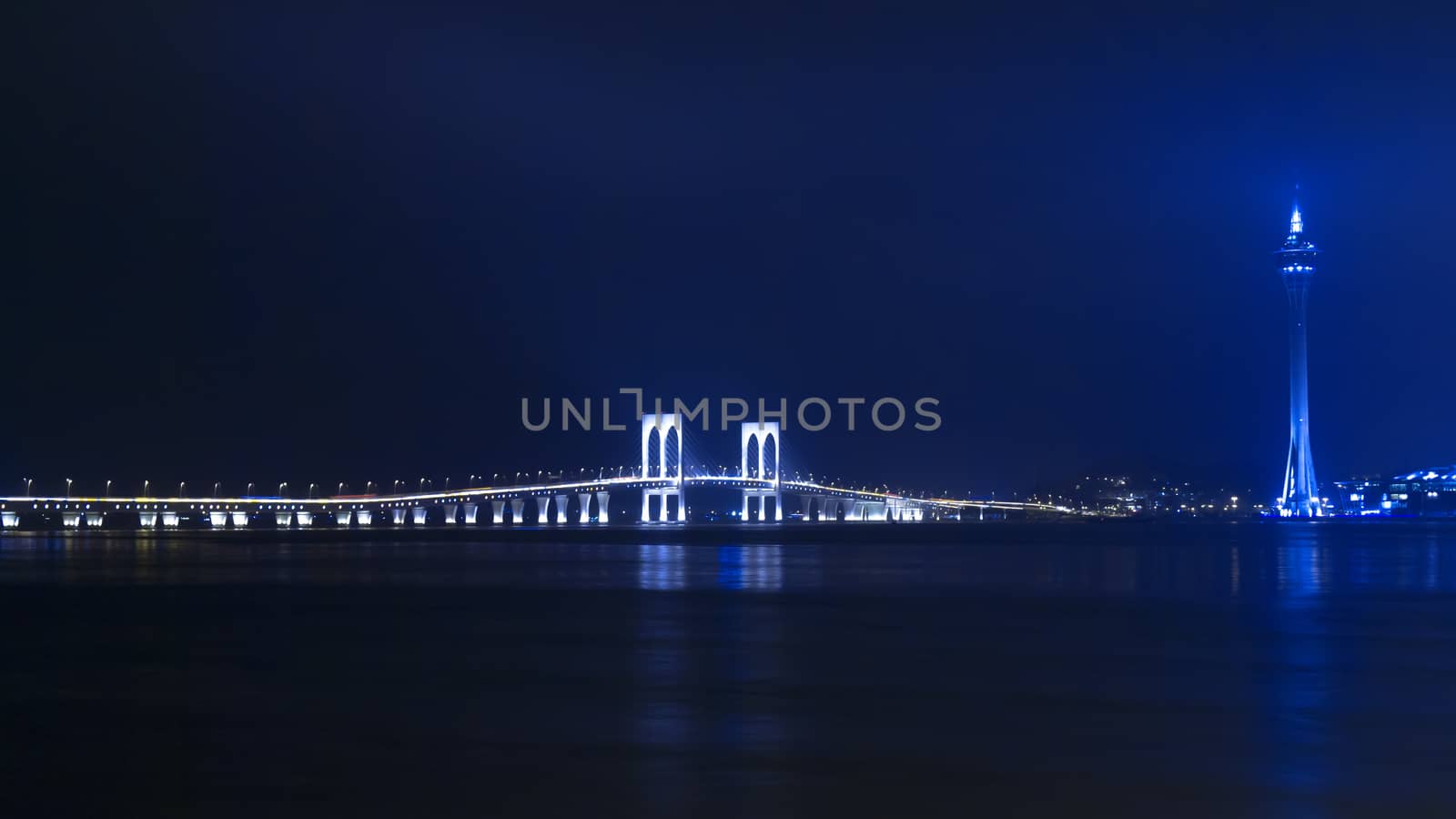 Macau Tower and Sai Van Bridge at night. 