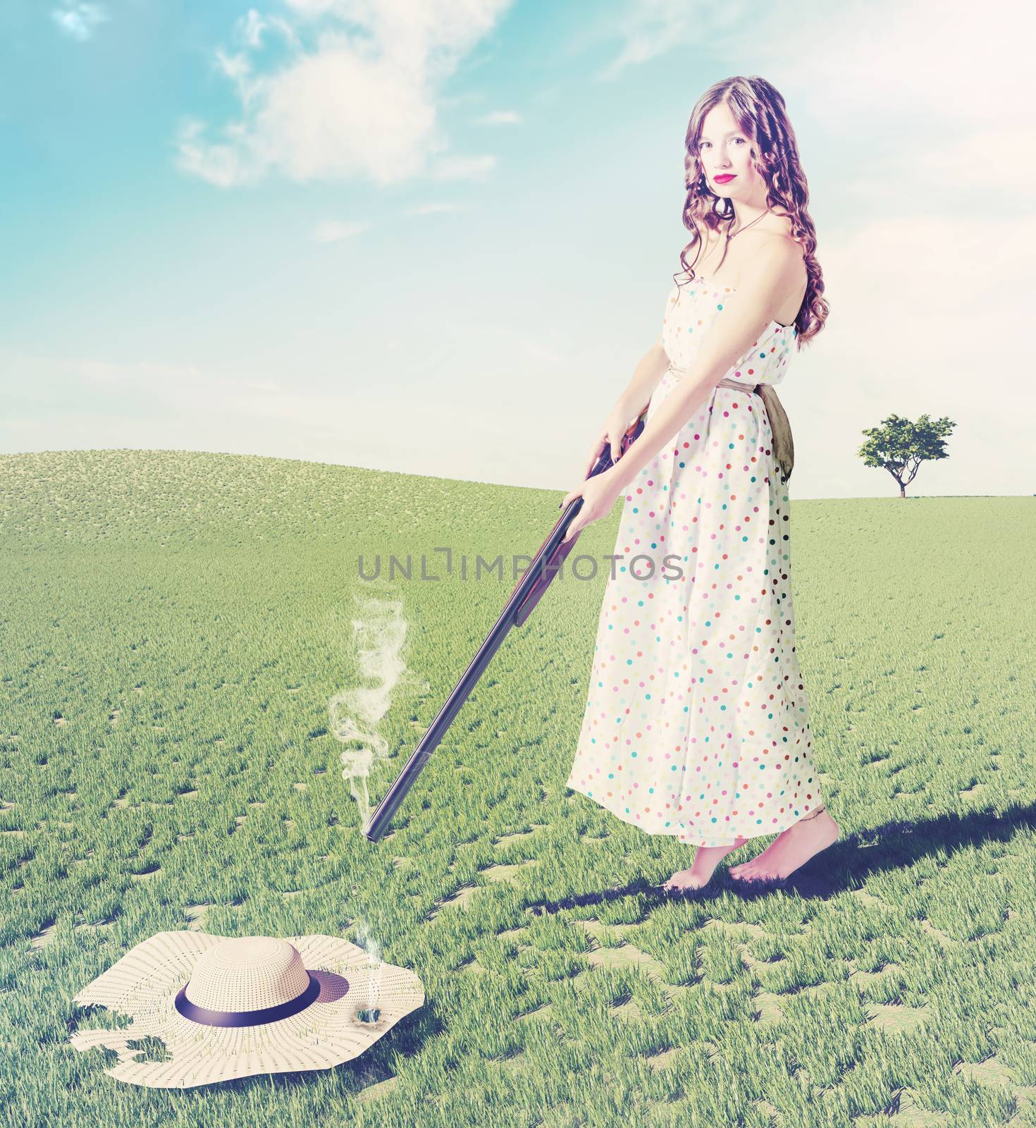 beautiful young girl  shot a flying hat. Creative concept photo and cg elements combinated