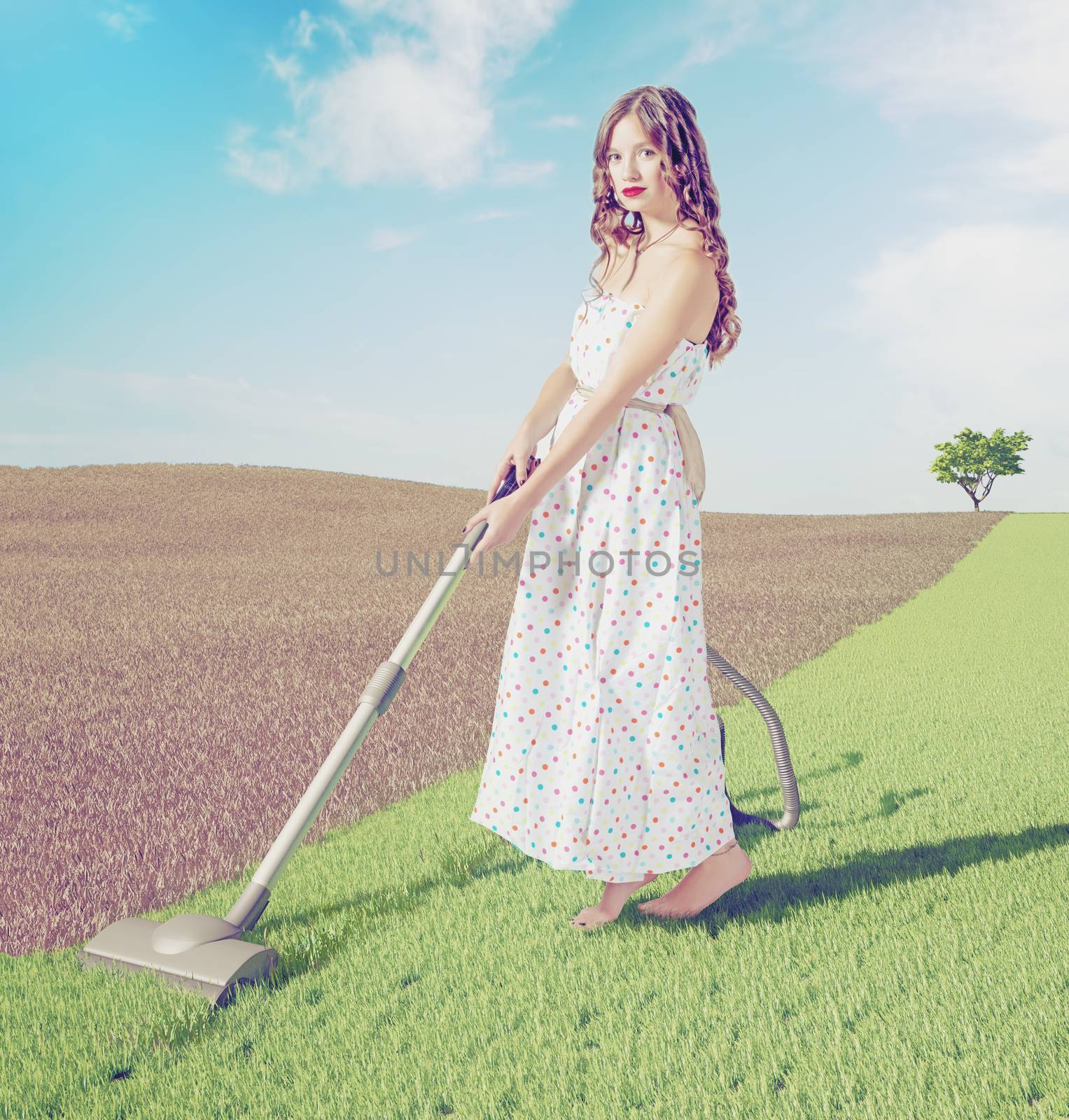 Young woman cleaning natural green grass  in wild  landscape. Creative concept photo combinated