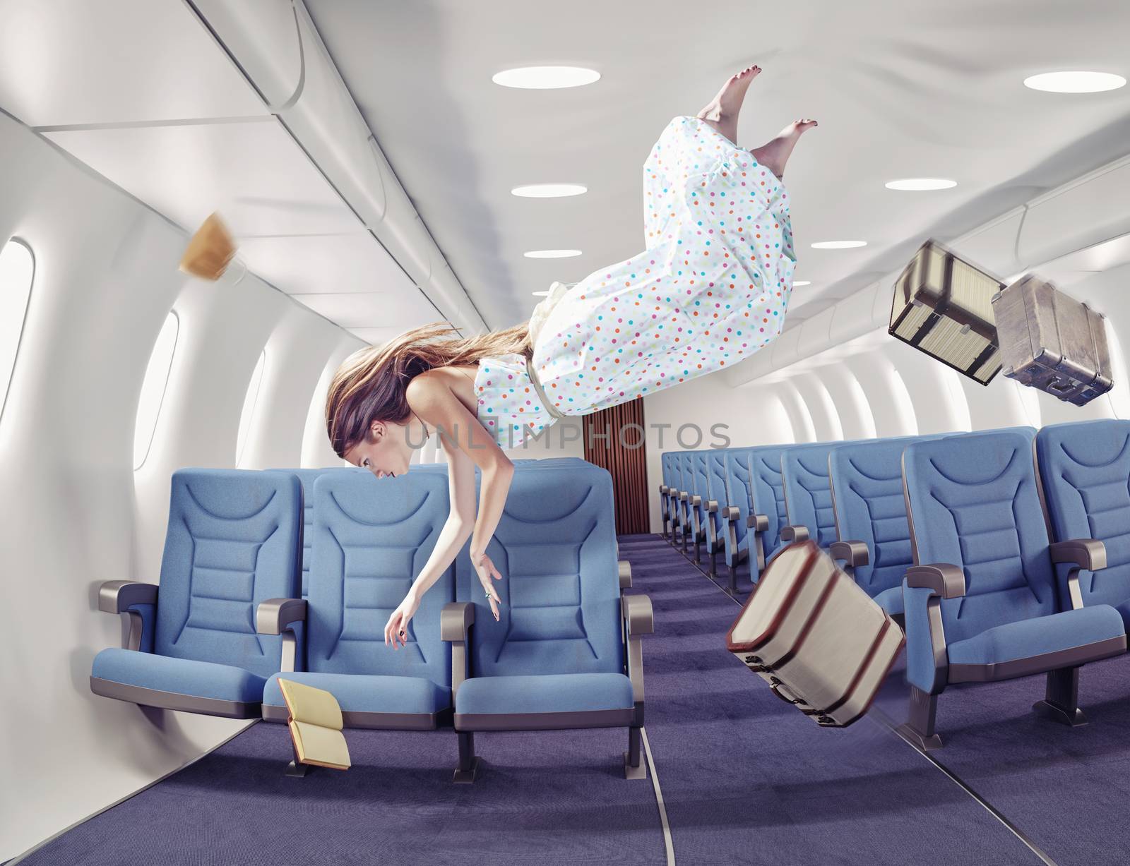 Flying  girl in an airplane. Creative concept 