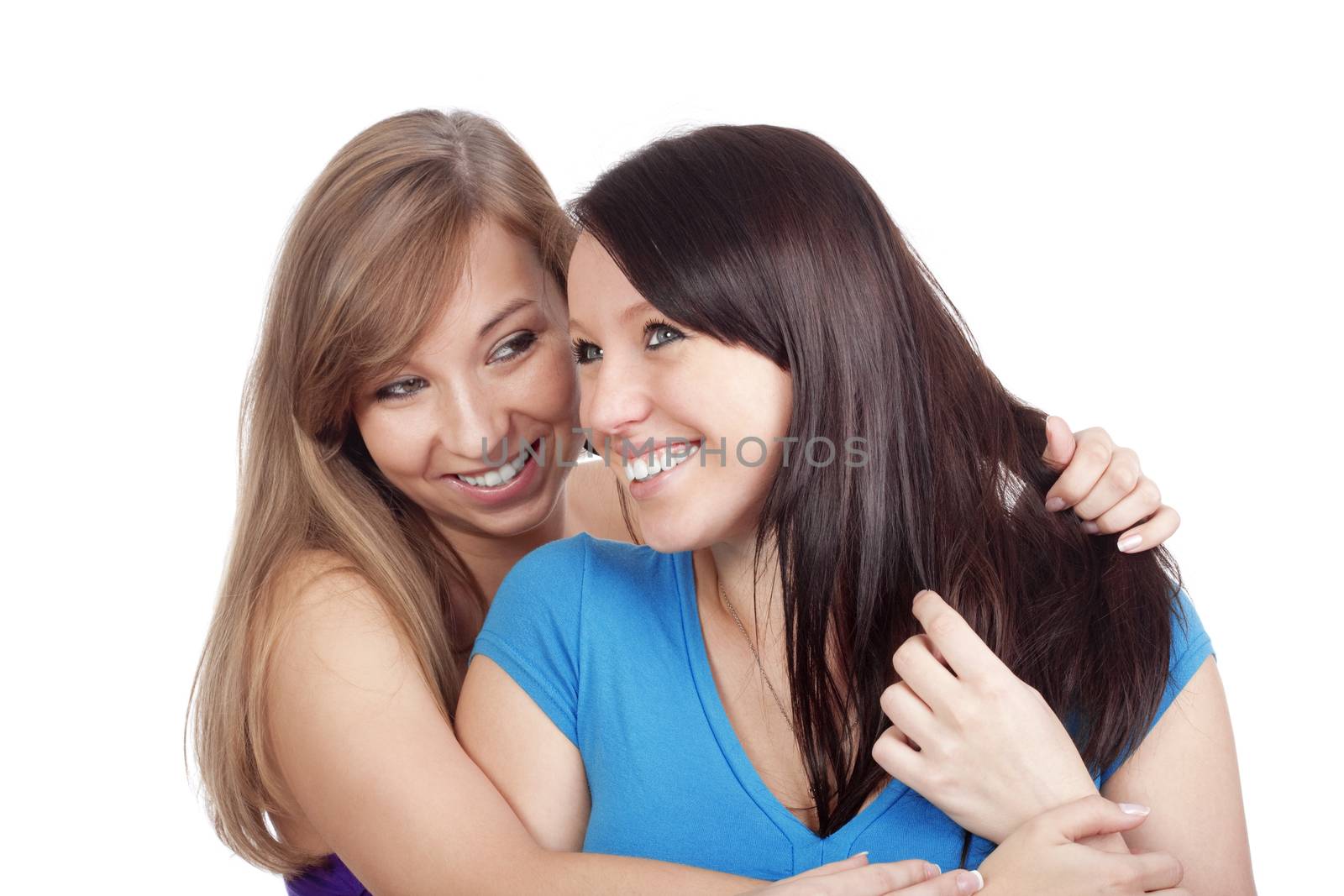 two young woman whispering gossip - isolated on white