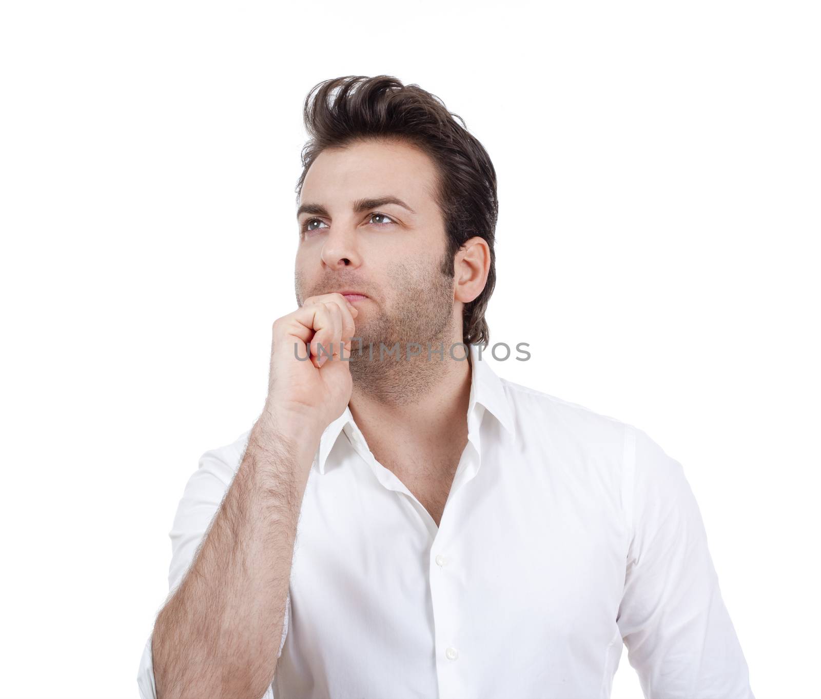 man in white shirt looking up, thinking - isolated on white