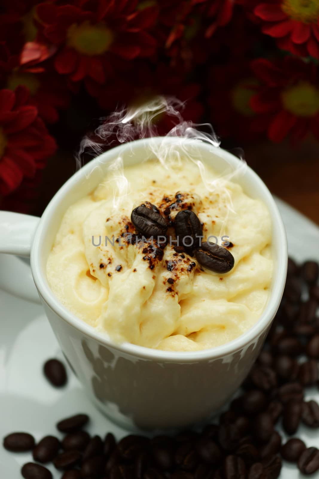 Espresso con panna coffee and Red chrysanthemum flower