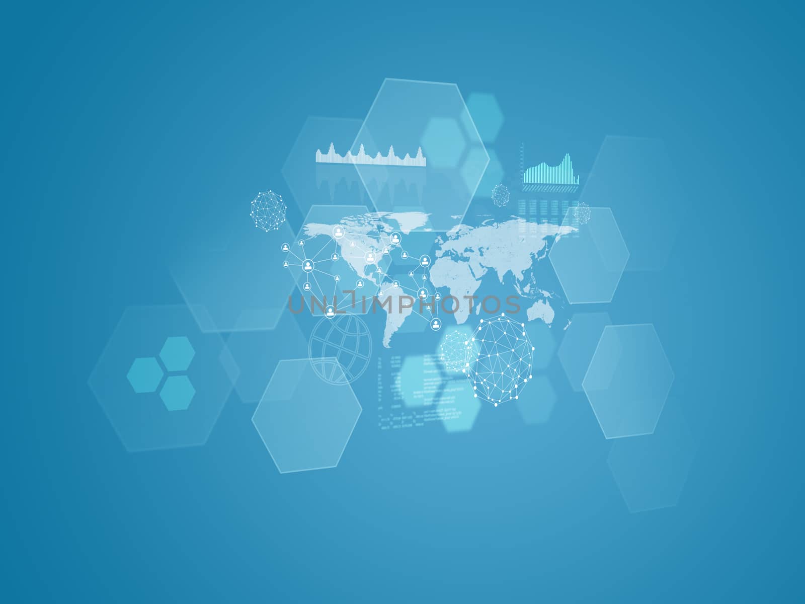 World map, transparent hexagons, graphs and network. Blue background