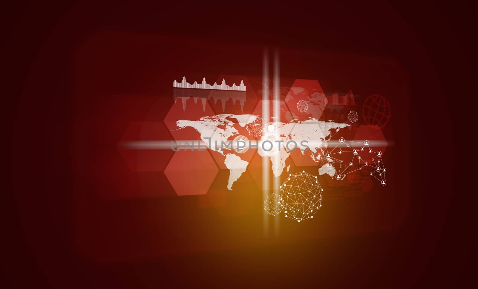 World map with transparent hexagons, graphs and network. Red background