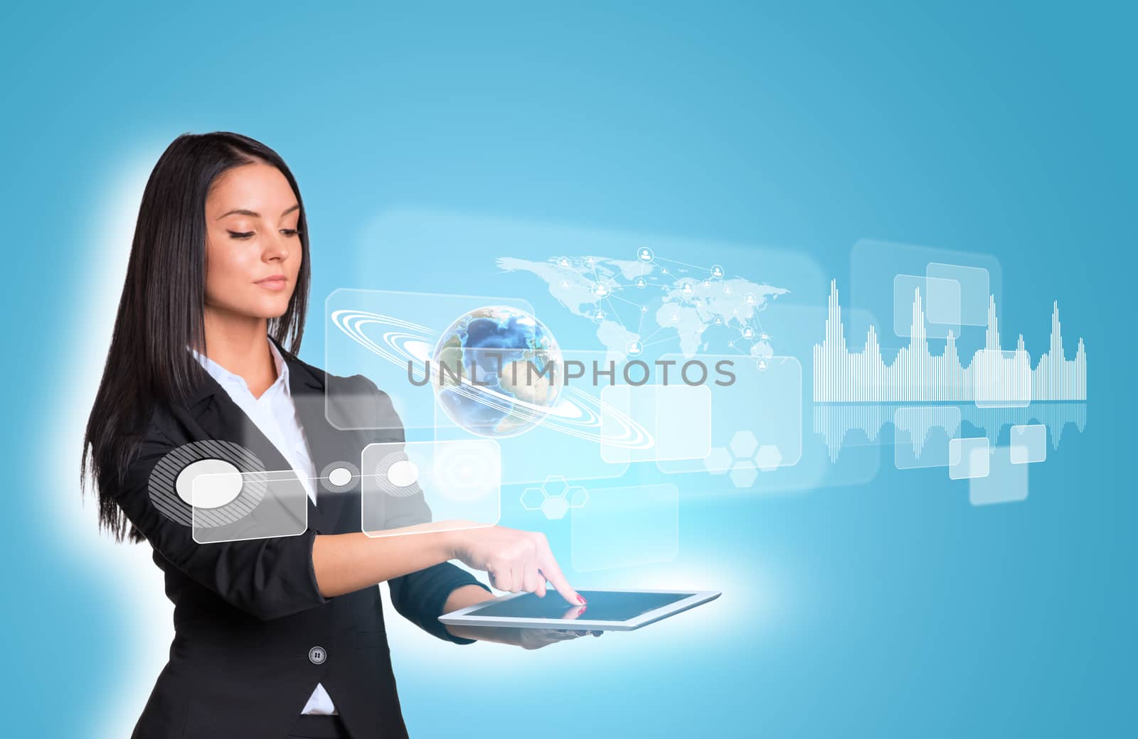 Beautiful businesswomen in suit using digital tablet. Earth with graphs and world map. Element of this image furnished by NASA