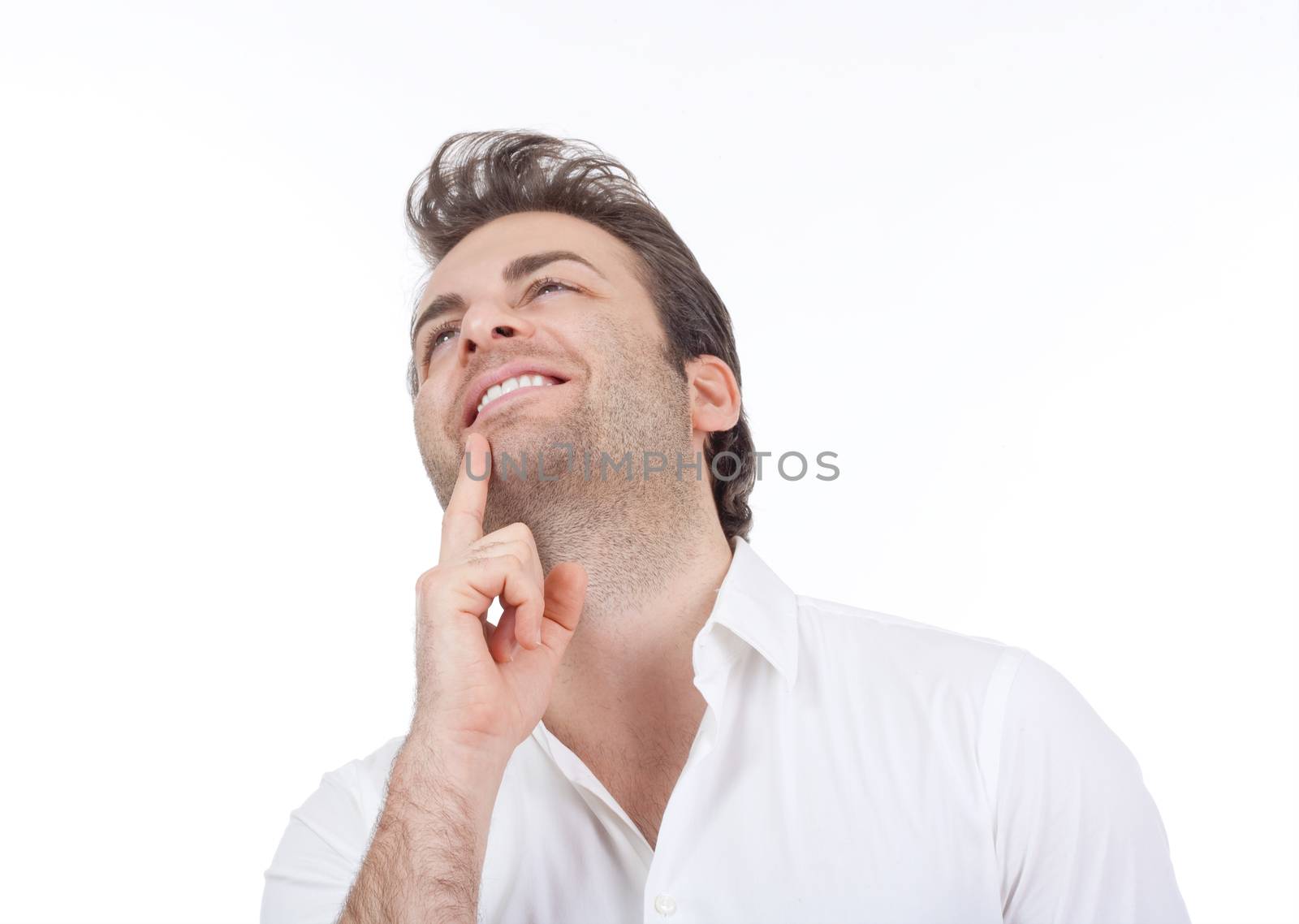 man in white shirt standing, smiling- isolated on white