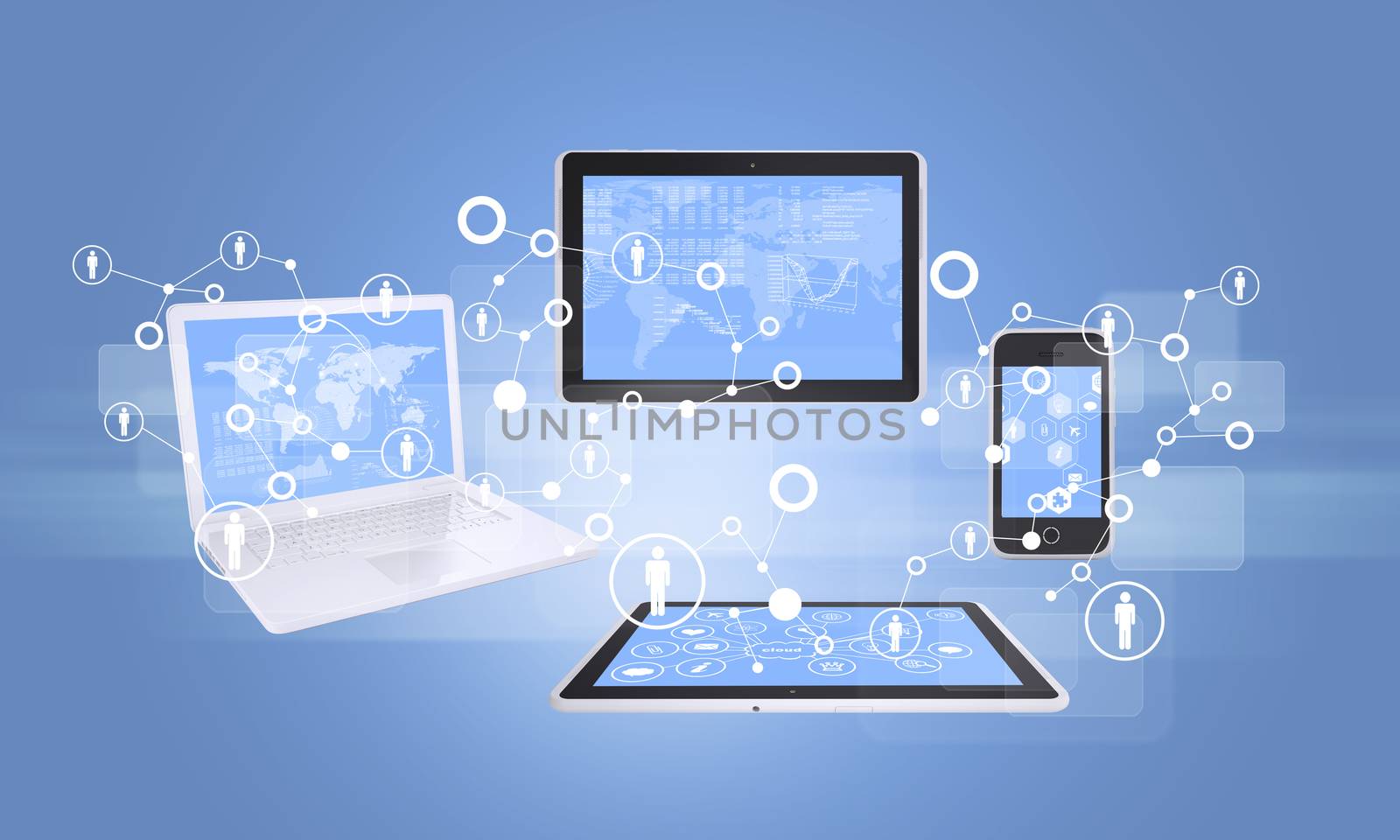 Network with laptop, tablets and smartphone. Blue background
