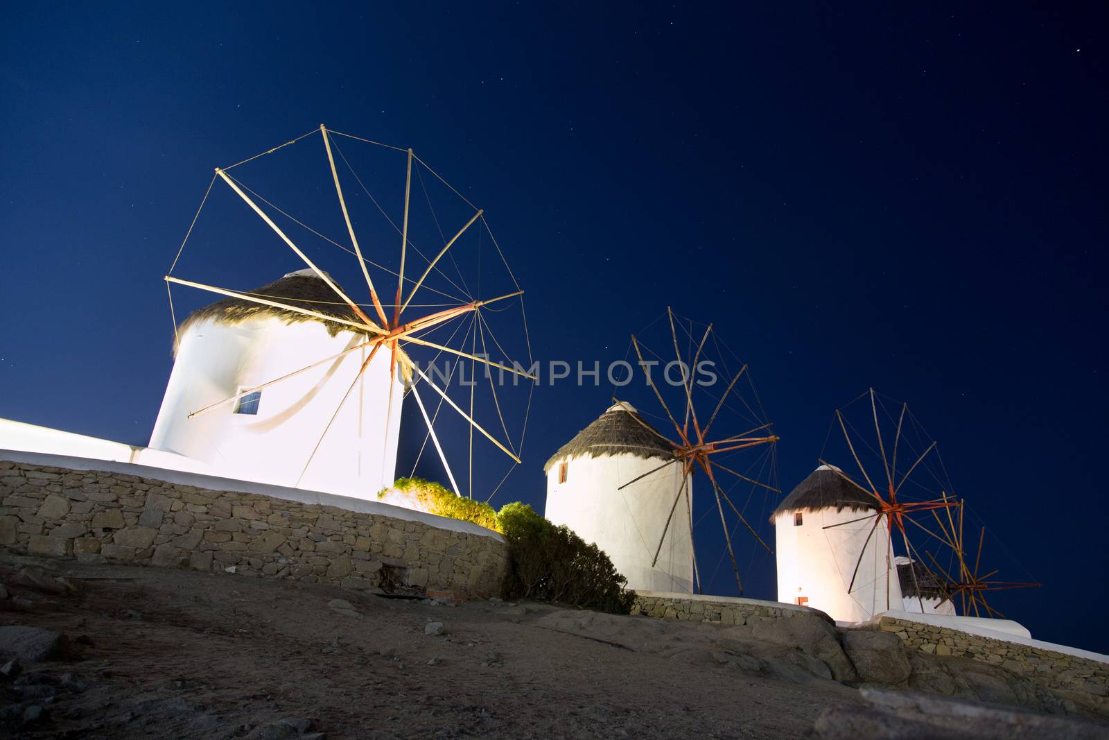The famous wind mills in Mykoos during night time