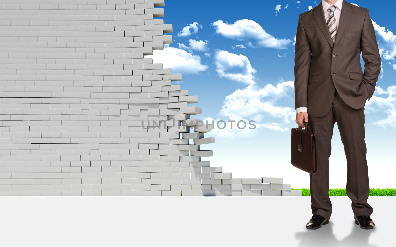 Businessman in suitcase with briefcase. Ruined brick wall and nature landscape as backdrop